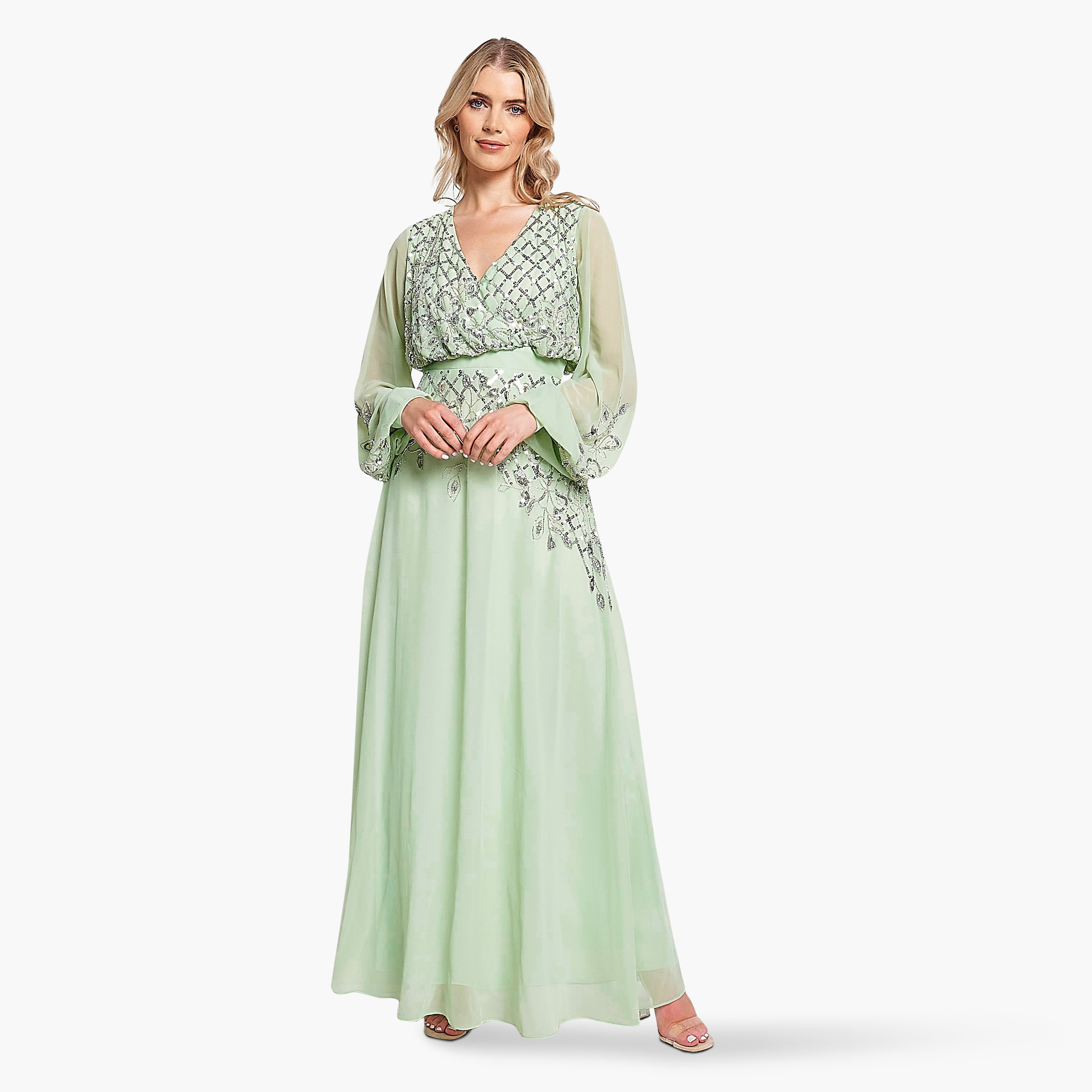 Frock and Frill Pale Green Beaded & Sequins Balloon Sleeves Evening Fit & Flare Women's Dress-women-clothing-dresses-image-1