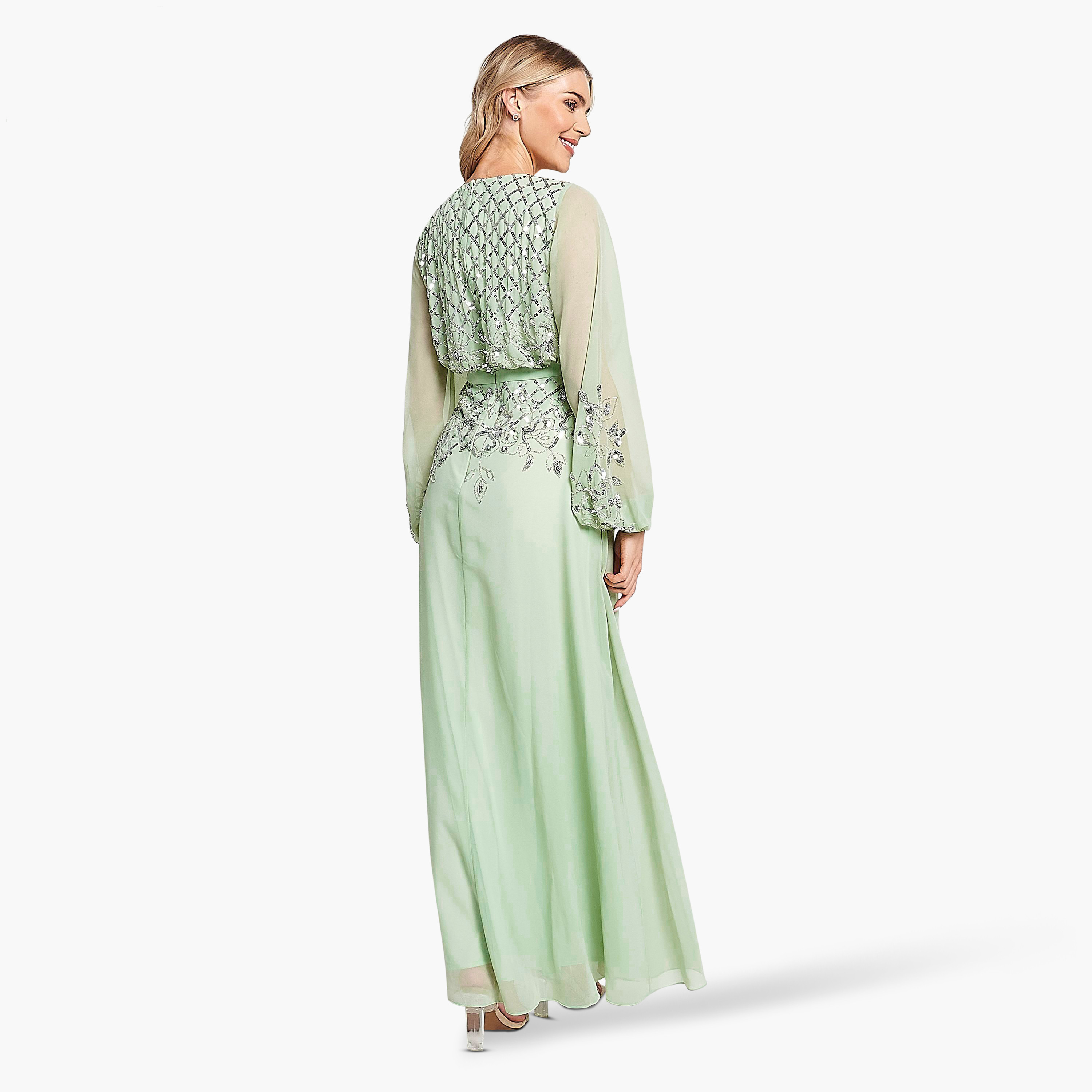 Frock and Frill Pale Green Beaded & Sequins Balloon Sleeves Evening Fit & Flare Women's Dress-women-clothing-dresses-image-2