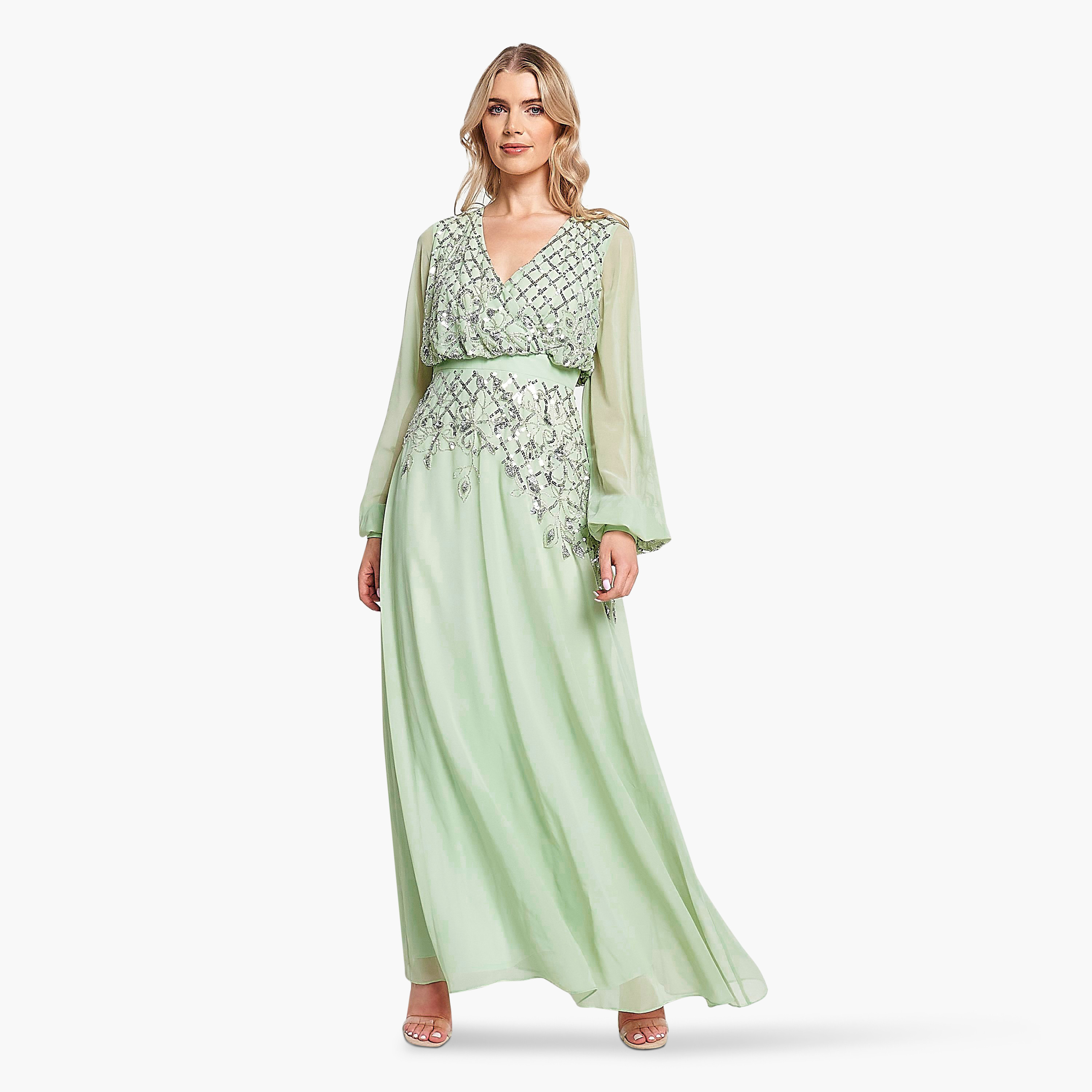 Frock and Frill Pale Green Beaded & Sequins Balloon Sleeves Evening Fit & Flare Women's Dress-women-clothing-dresses-image-3