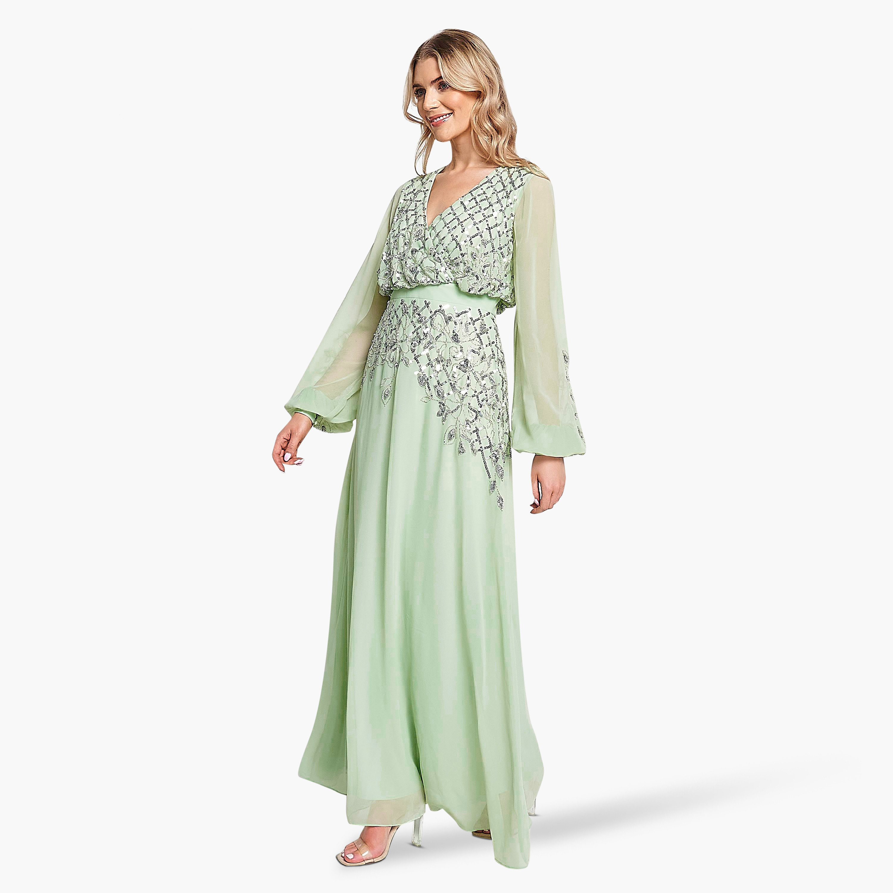 Frock and Frill Pale Green Beaded & Sequins Balloon Sleeves Evening Fit & Flare Women's Dress-women-clothing-dresses-image-4