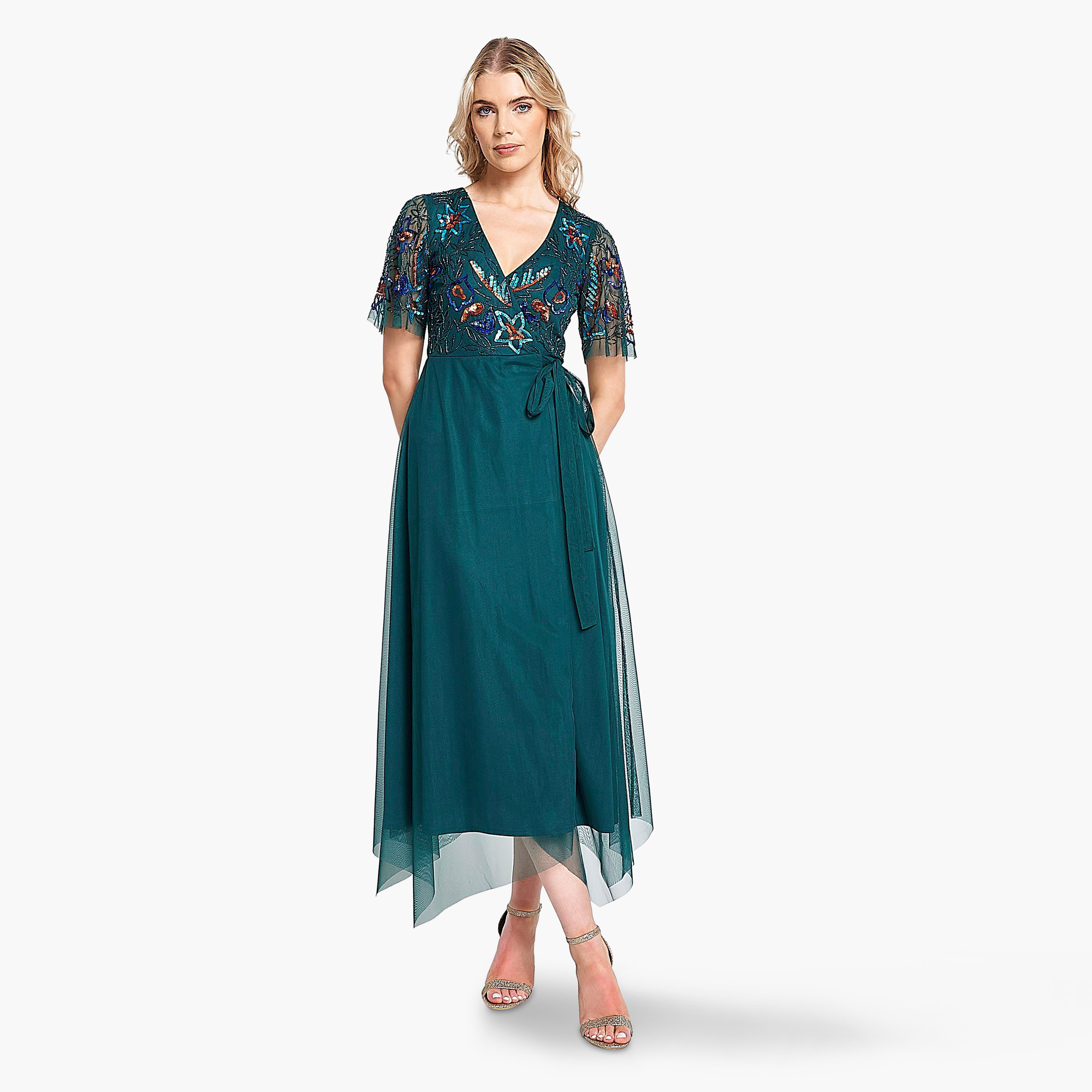 Frock and Frill Dark Teal Beaded & Sequins Flared Sleeves Evening Wrap Midi Women's Dress-women-clothing-dresses-image-1