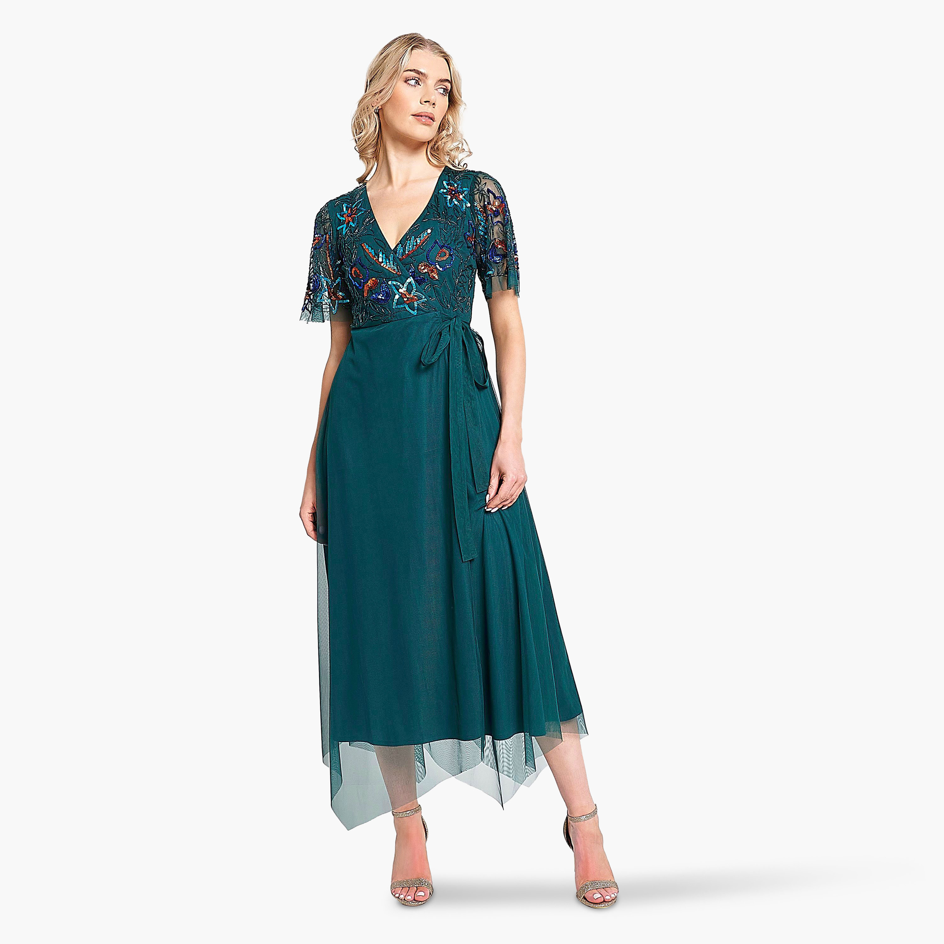 Frock and Frill Dark Teal Beaded & Sequins Flared Sleeves Evening Wrap Midi Women's Dress-women-clothing-dresses-image-4