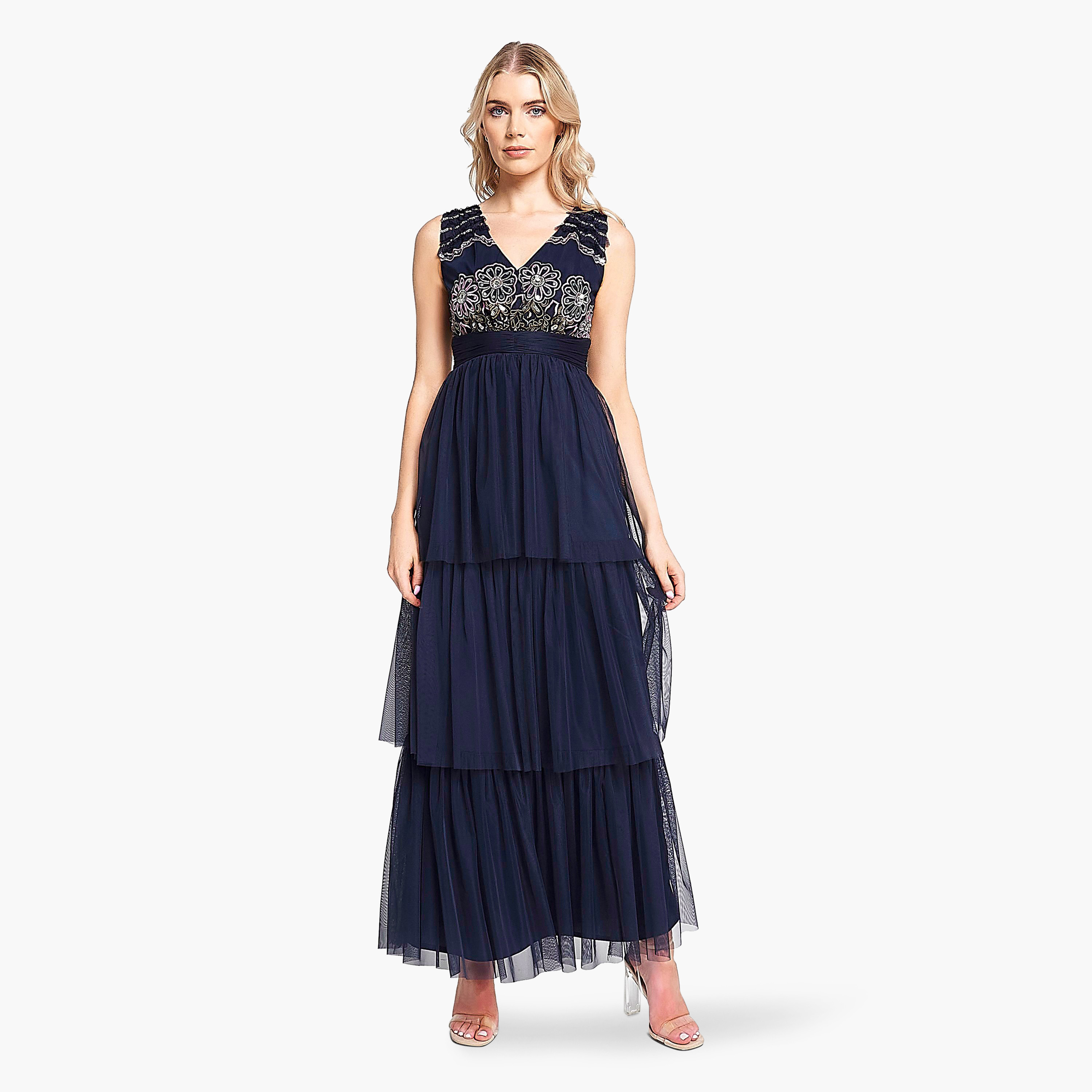 Frock and Frill Navy Embroidered & Sequins Evening Tiered Women's Dress-women-clothing-dresses-image-1