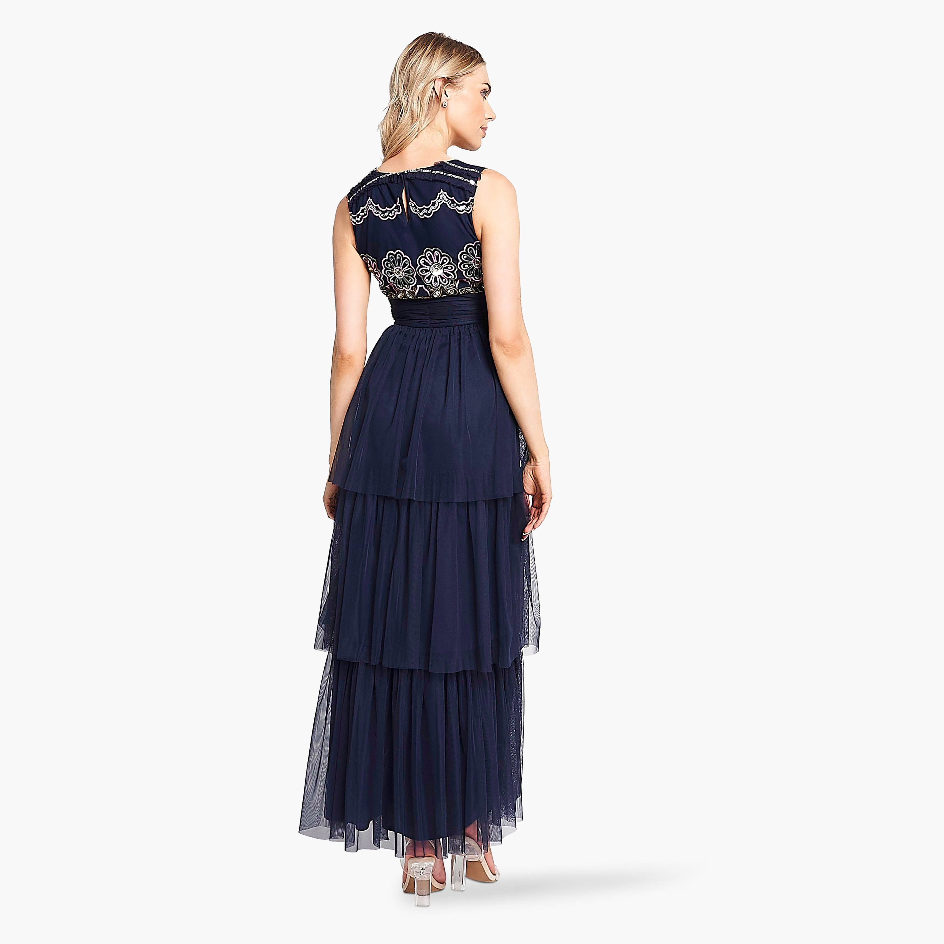 Frock and Frill Navy Embroidered & Sequins Evening Tiered Women's Dress-women-clothing-dresses-image-2
