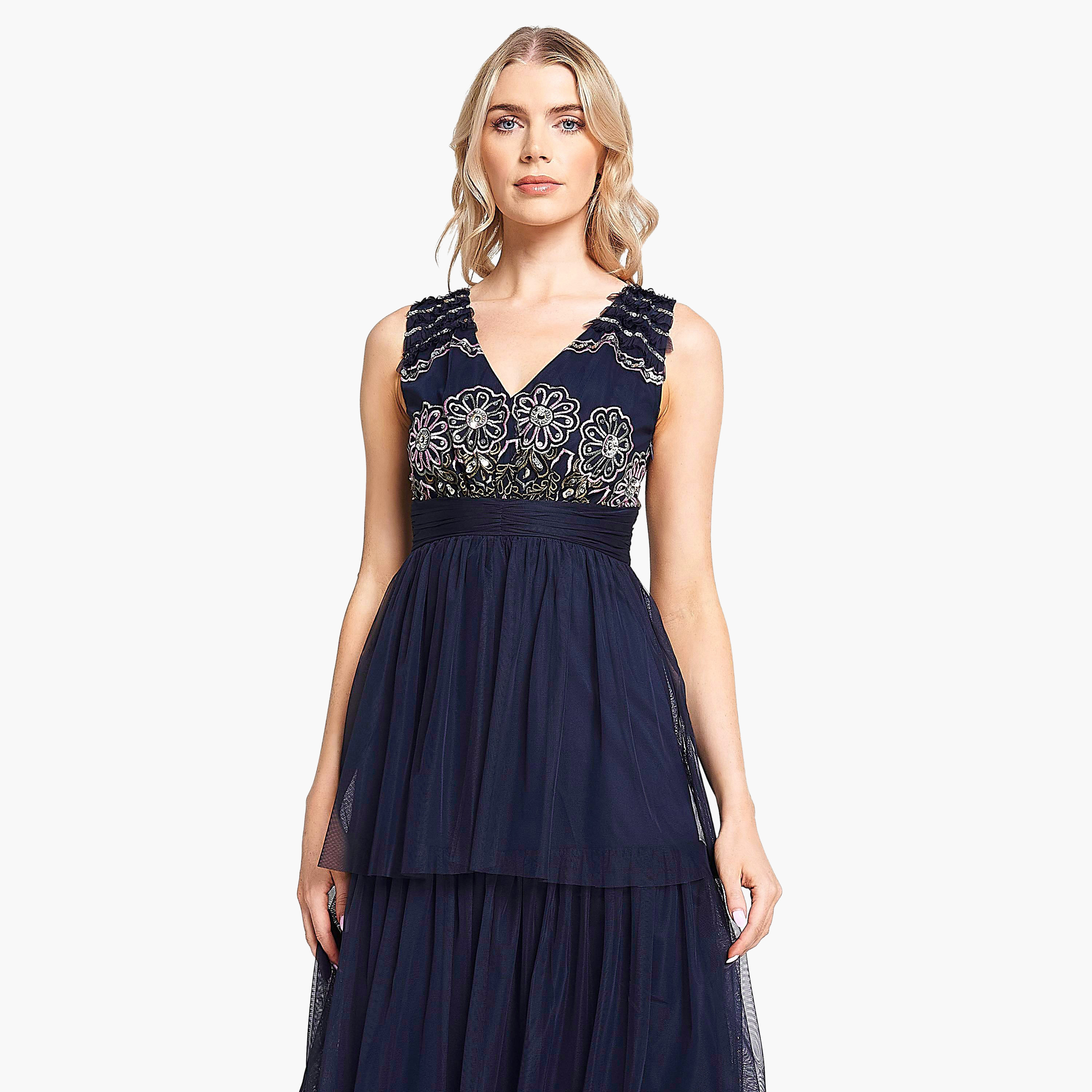 Frock and Frill Navy Embroidered & Sequins Evening Tiered Women's Dress-women-clothing-dresses-image-3