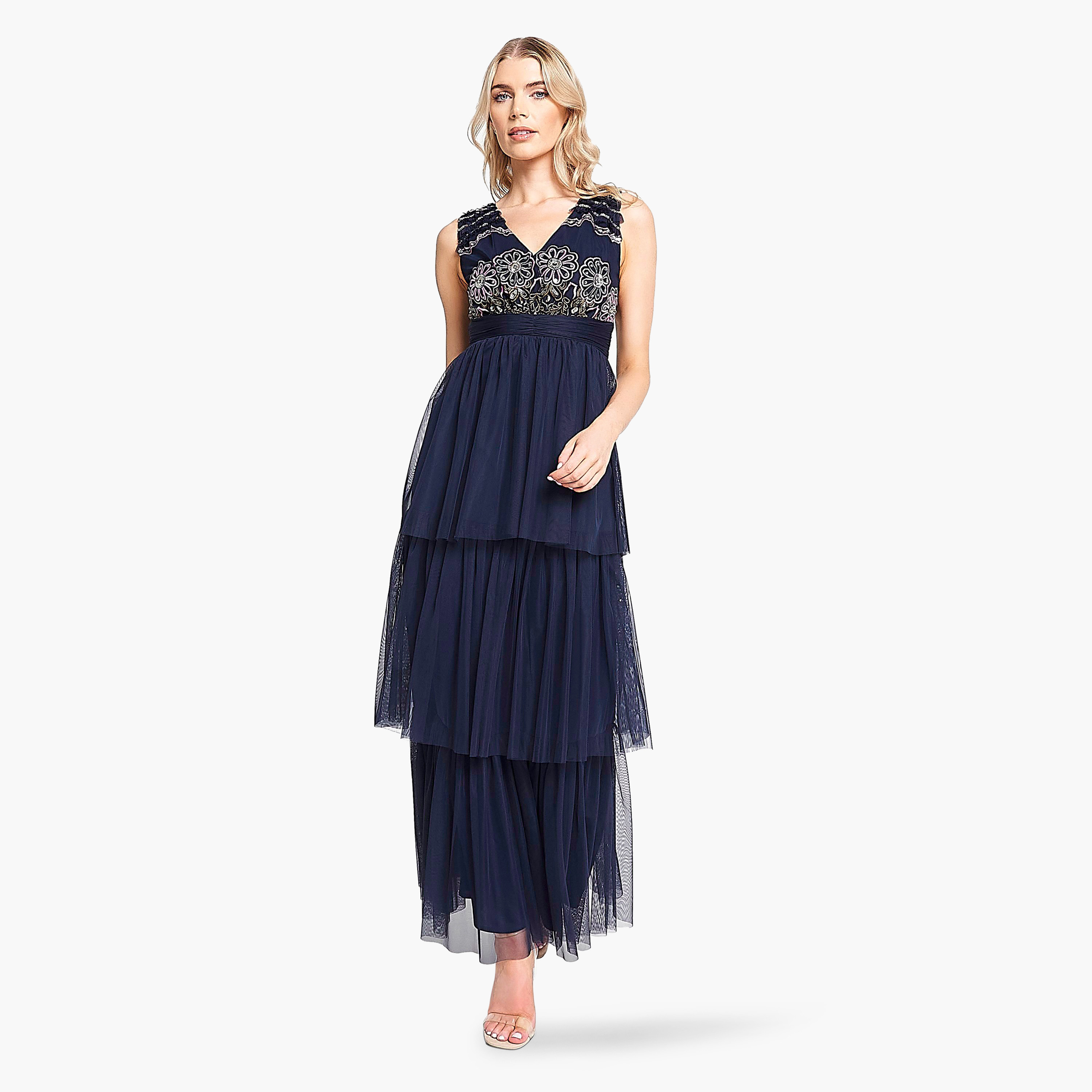 Frock and Frill Navy Embroidered & Sequins Evening Tiered Women's Dress-women-clothing-dresses-image-4