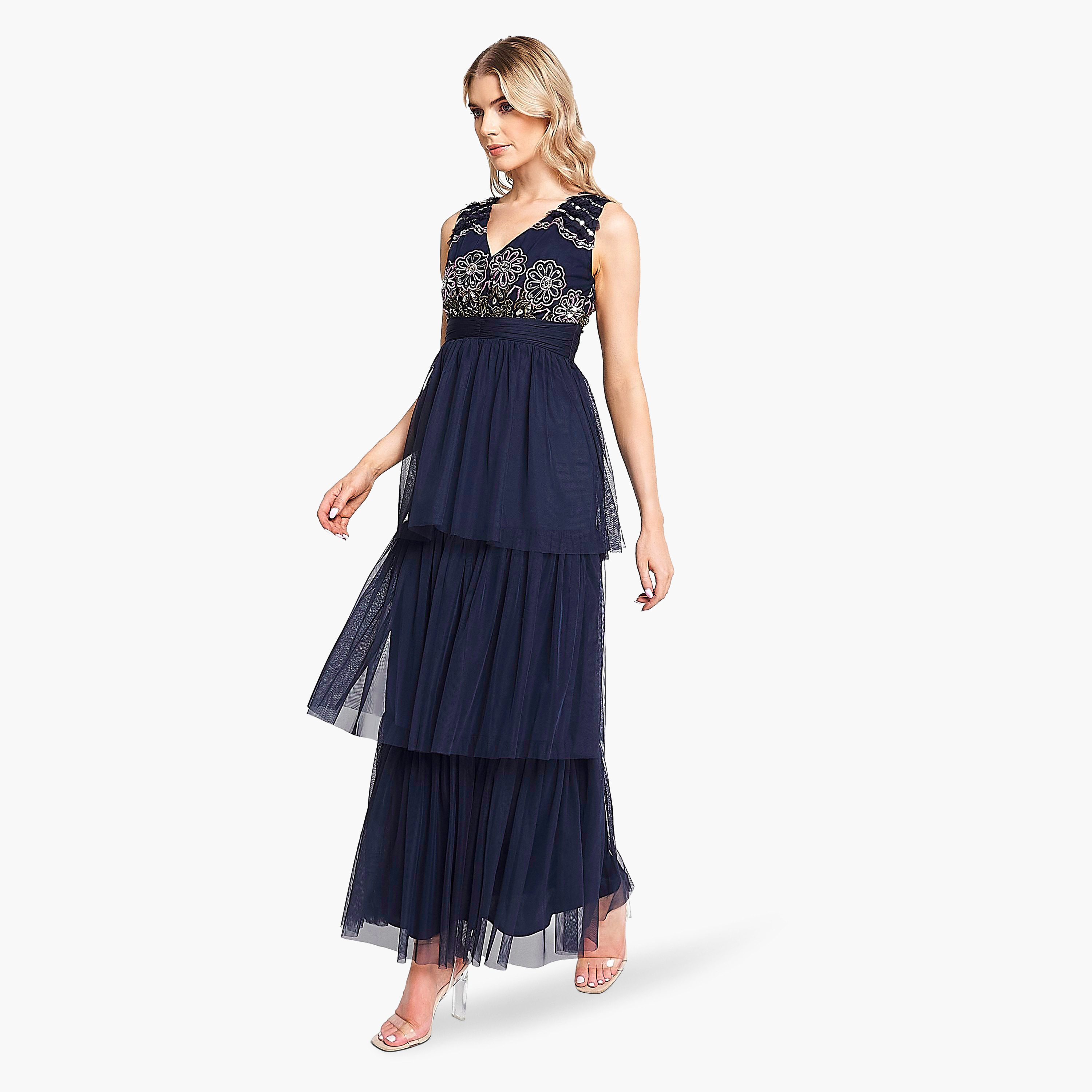 Frock and Frill Navy Embroidered & Sequins Evening Tiered Women's Dress-women-clothing-dresses-image-5