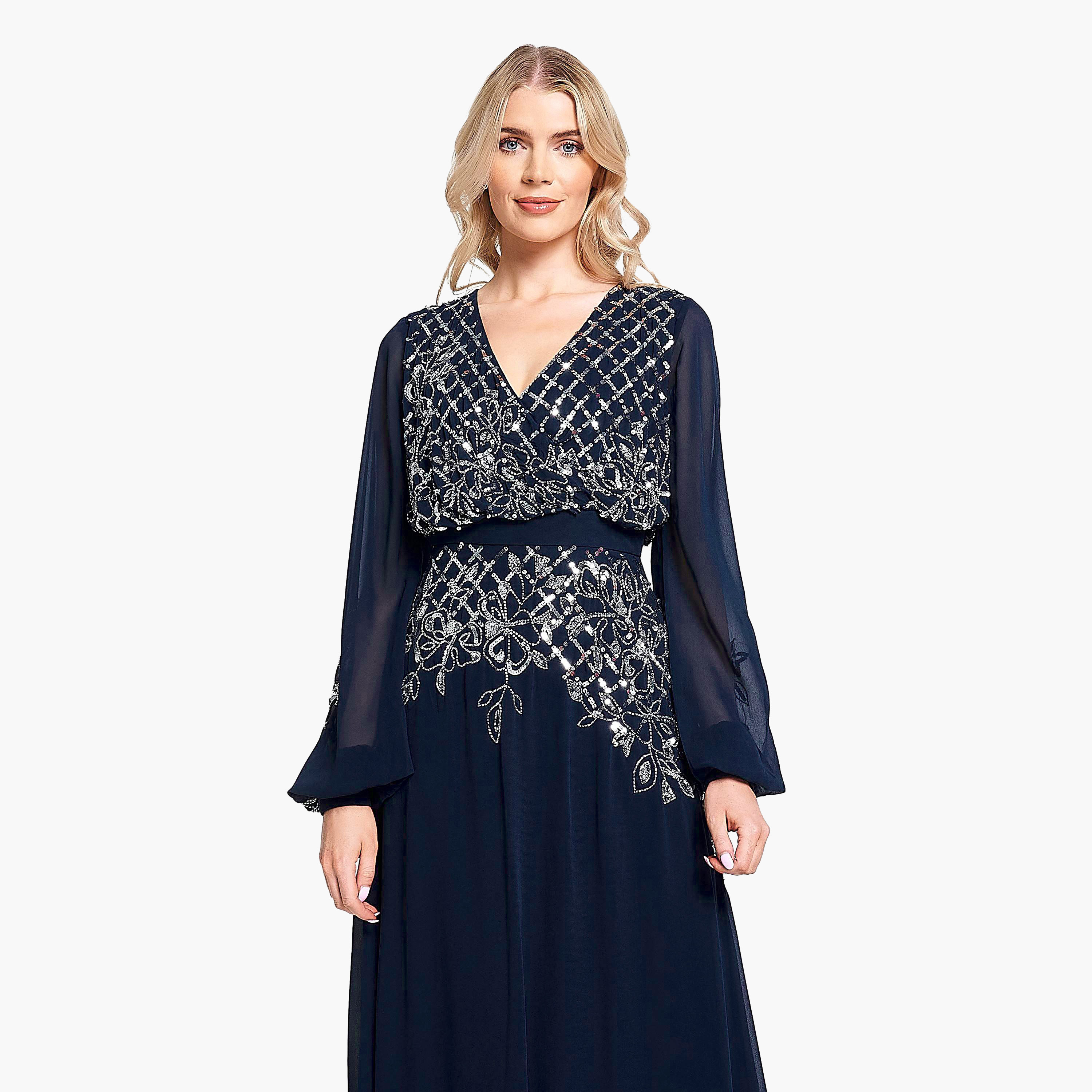 Frock and Frill Navy Beaded & Sequins Balloon Sleeves Evening Fit & Flare Women's Dress-women-clothing-dresses-image-2