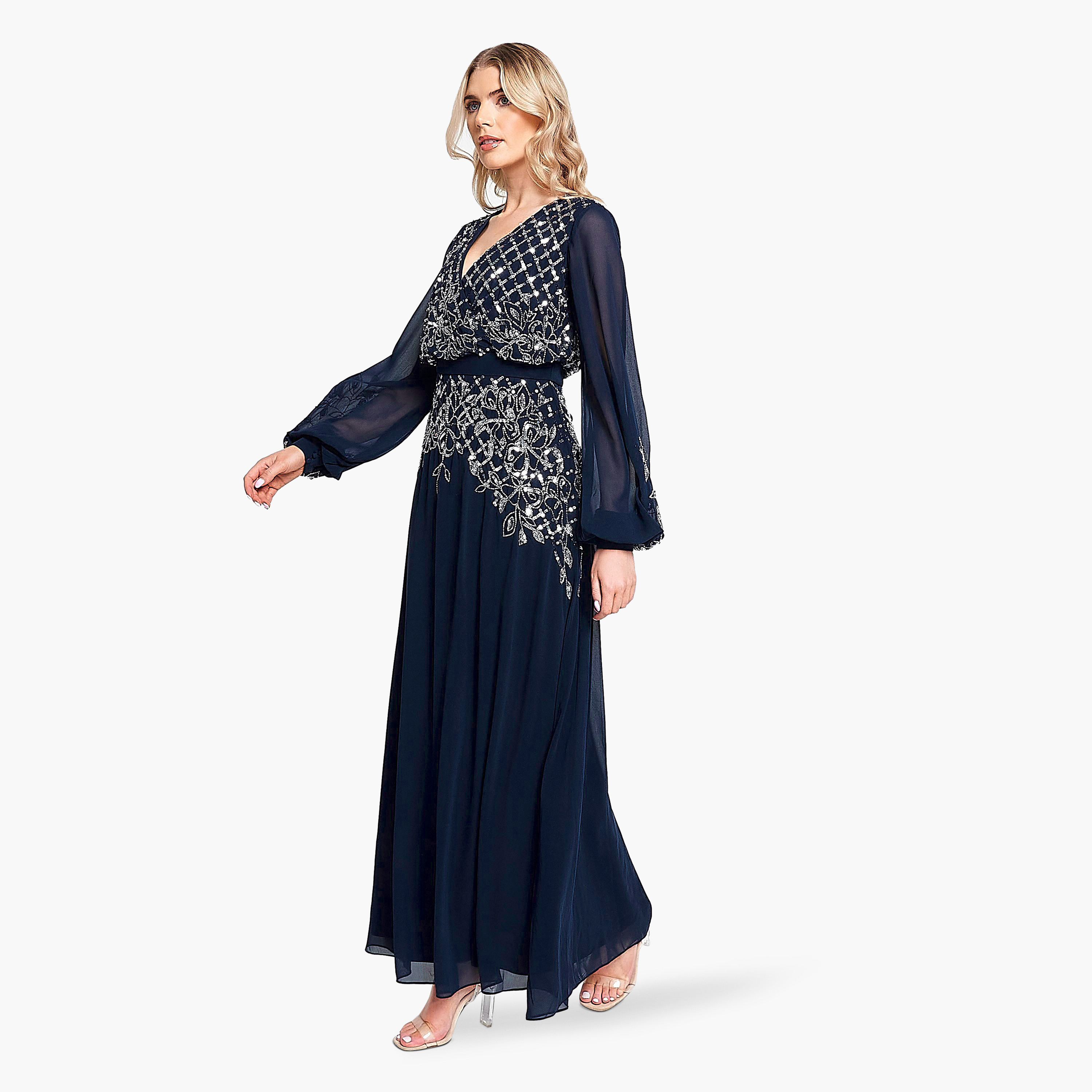Frock and Frill Navy Beaded & Sequins Balloon Sleeves Evening Fit & Flare Women's Dress-women-clothing-dresses-image-3