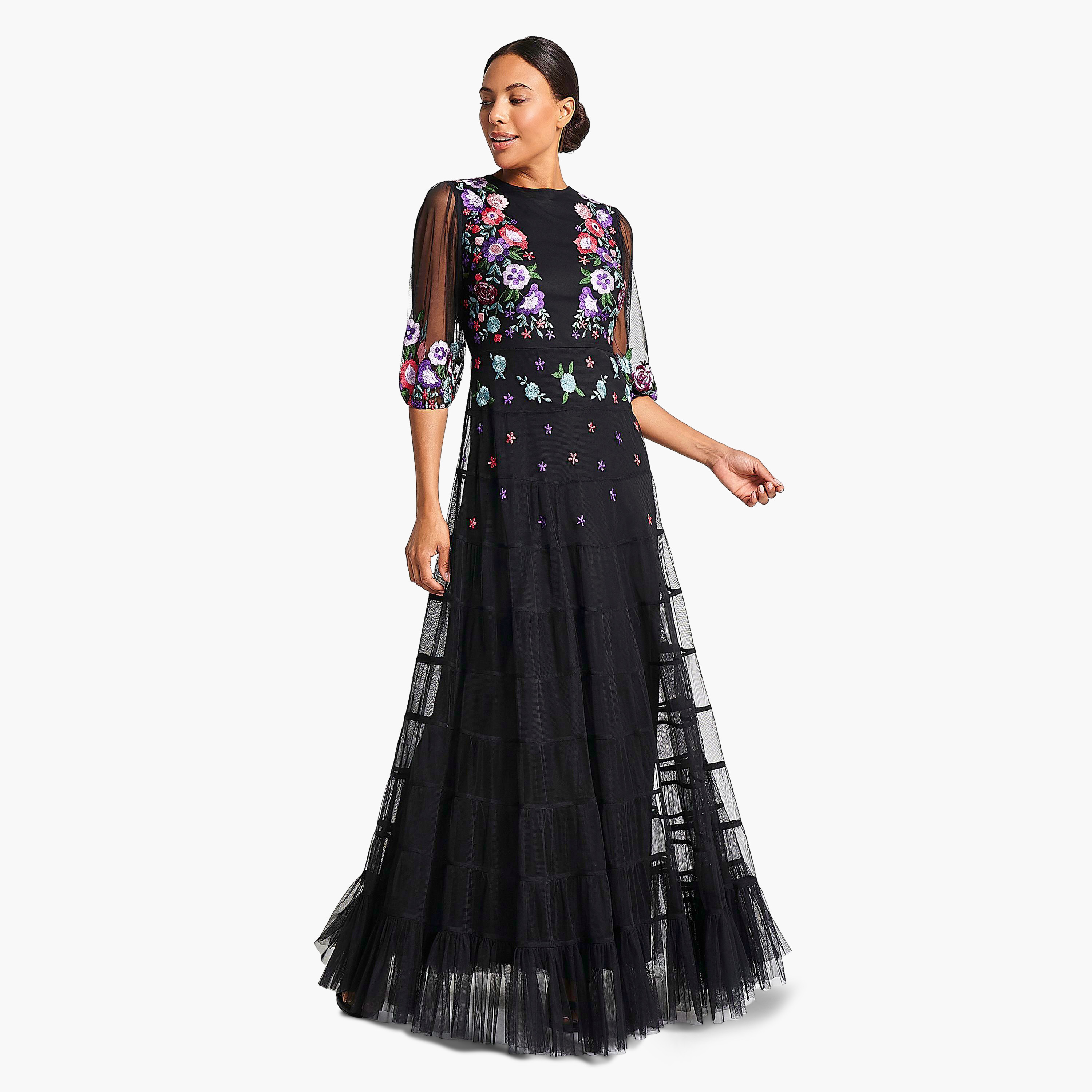 Frock and Frill Black Floral Embroidered Evening Fit & Flare Women's Dress-women-clothing-dresses-image-1