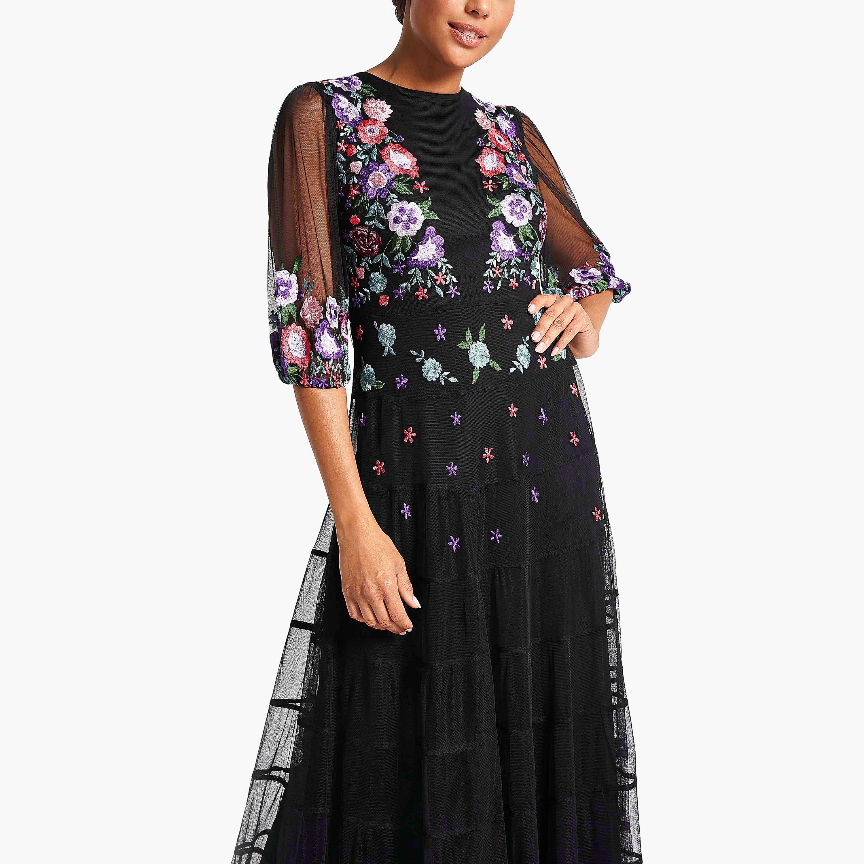 Frock and Frill Black Floral Embroidered Evening Fit & Flare Women's Dress-women-clothing-dresses-image-3