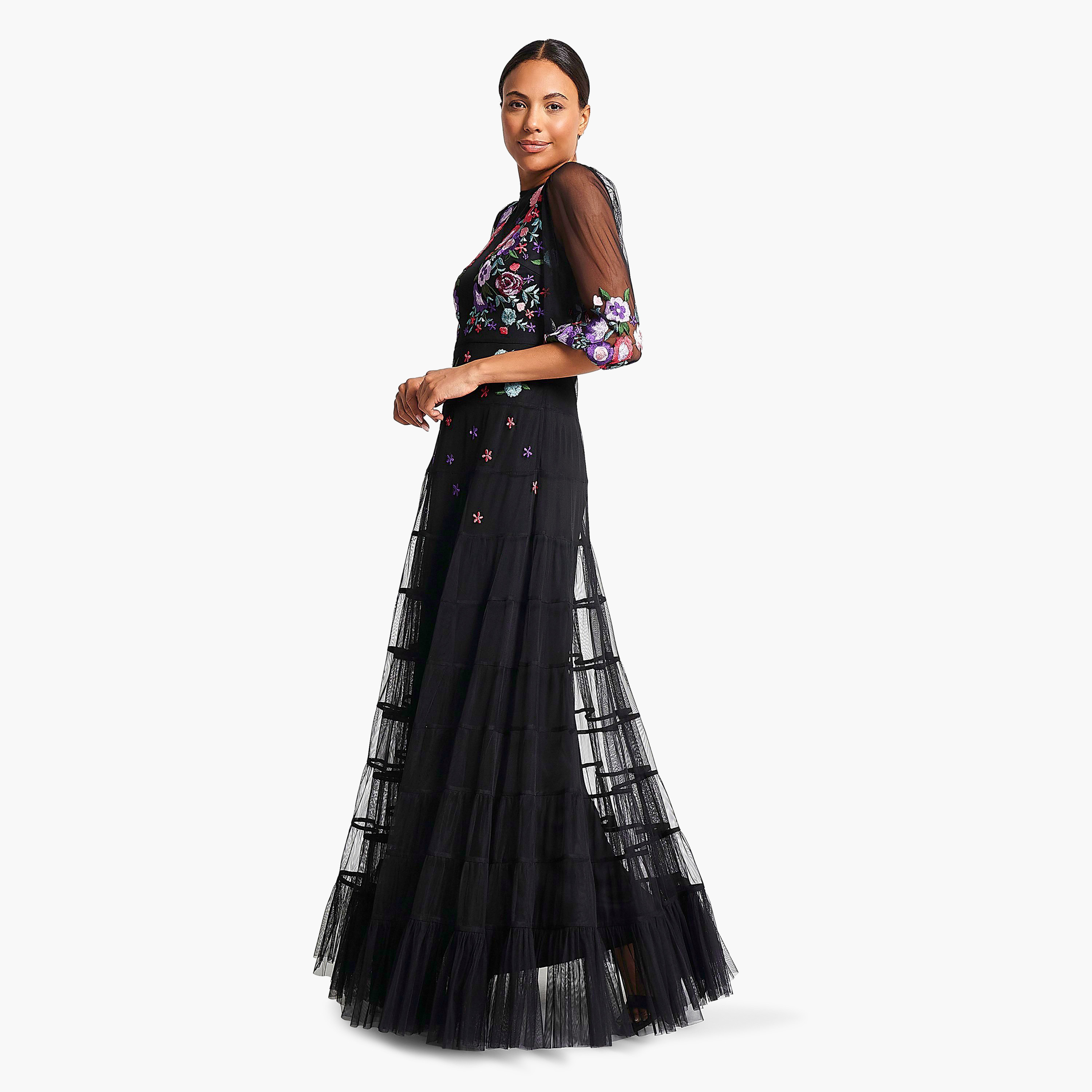 Frock and Frill Black Floral Embroidered Evening Fit & Flare Women's Dress-women-clothing-dresses-image-4