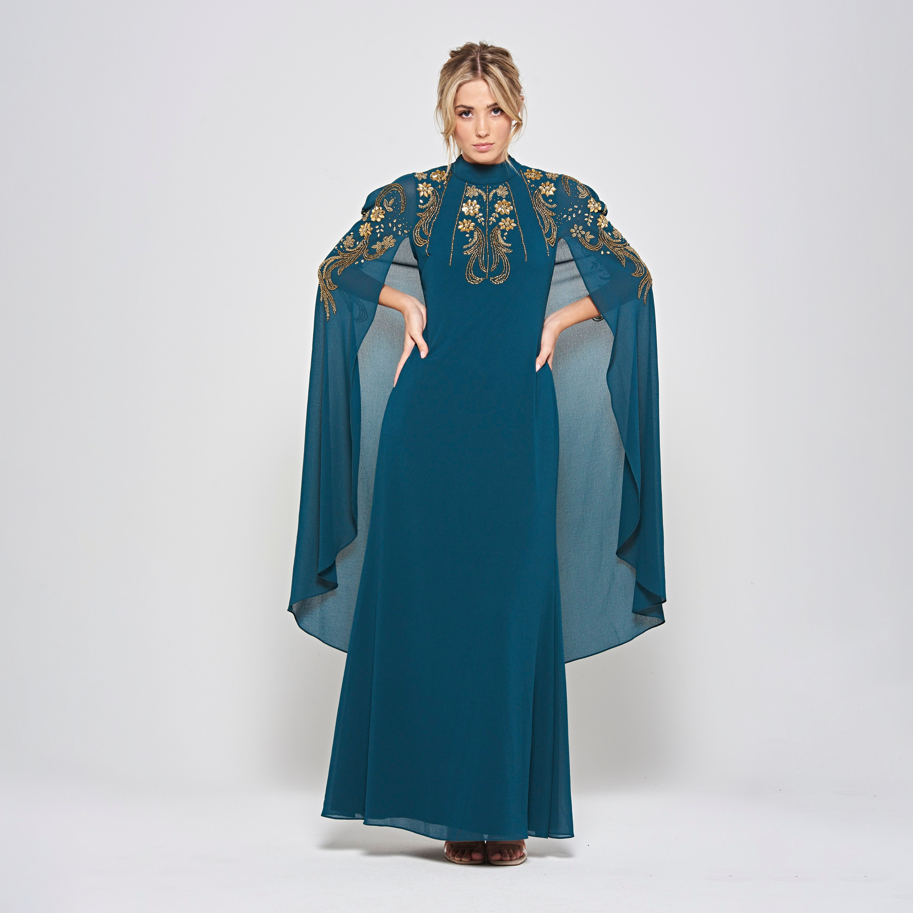 فستان سهرة ماكسي حريمي أزرق بخرز وياقة عالية مع طبقة كاب علوية من فروك آند فريل-women-clothing-dresses-image-1