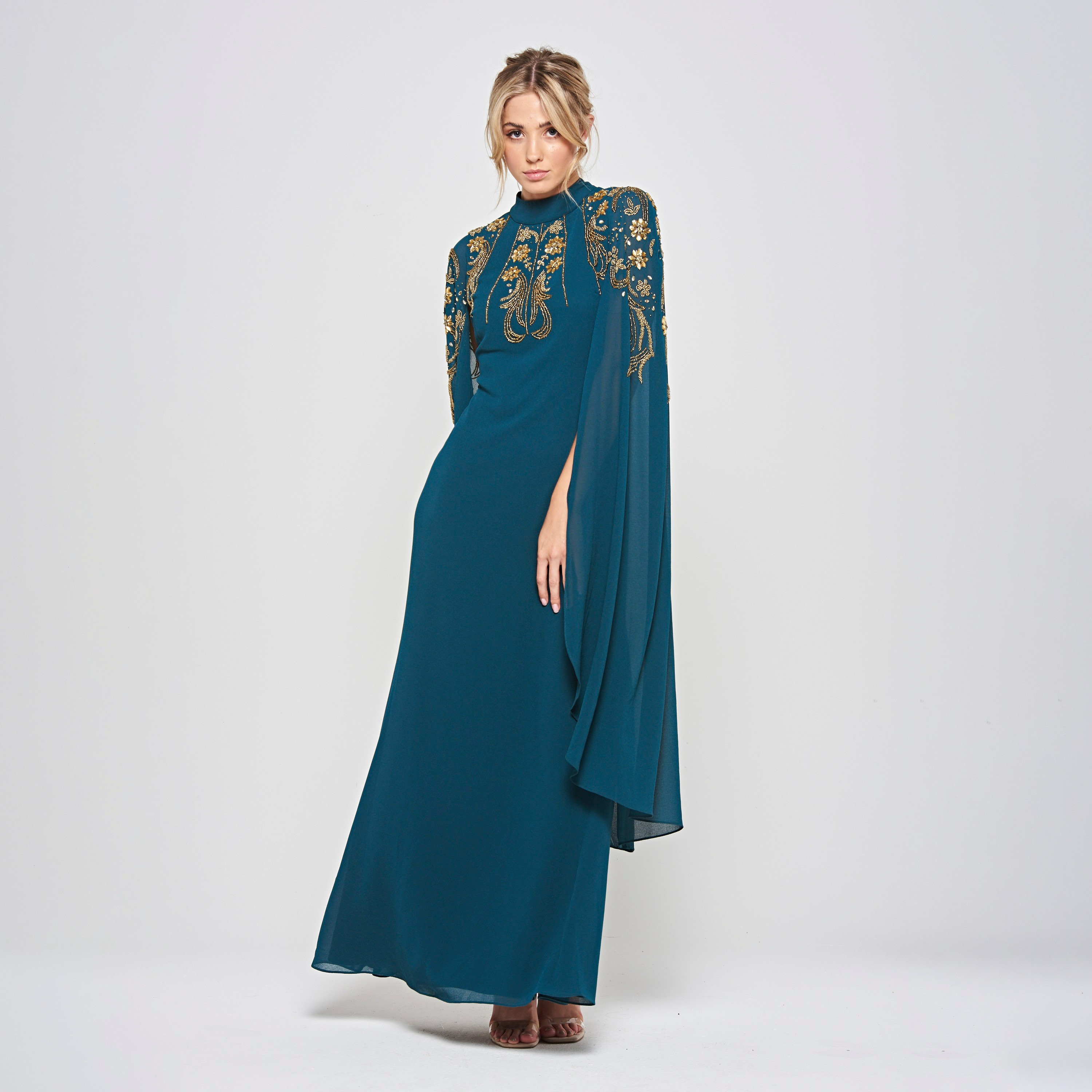 فستان سهرة ماكسي حريمي أزرق بخرز وياقة عالية مع طبقة كاب علوية من فروك آند فريل-women-clothing-dresses-image-2