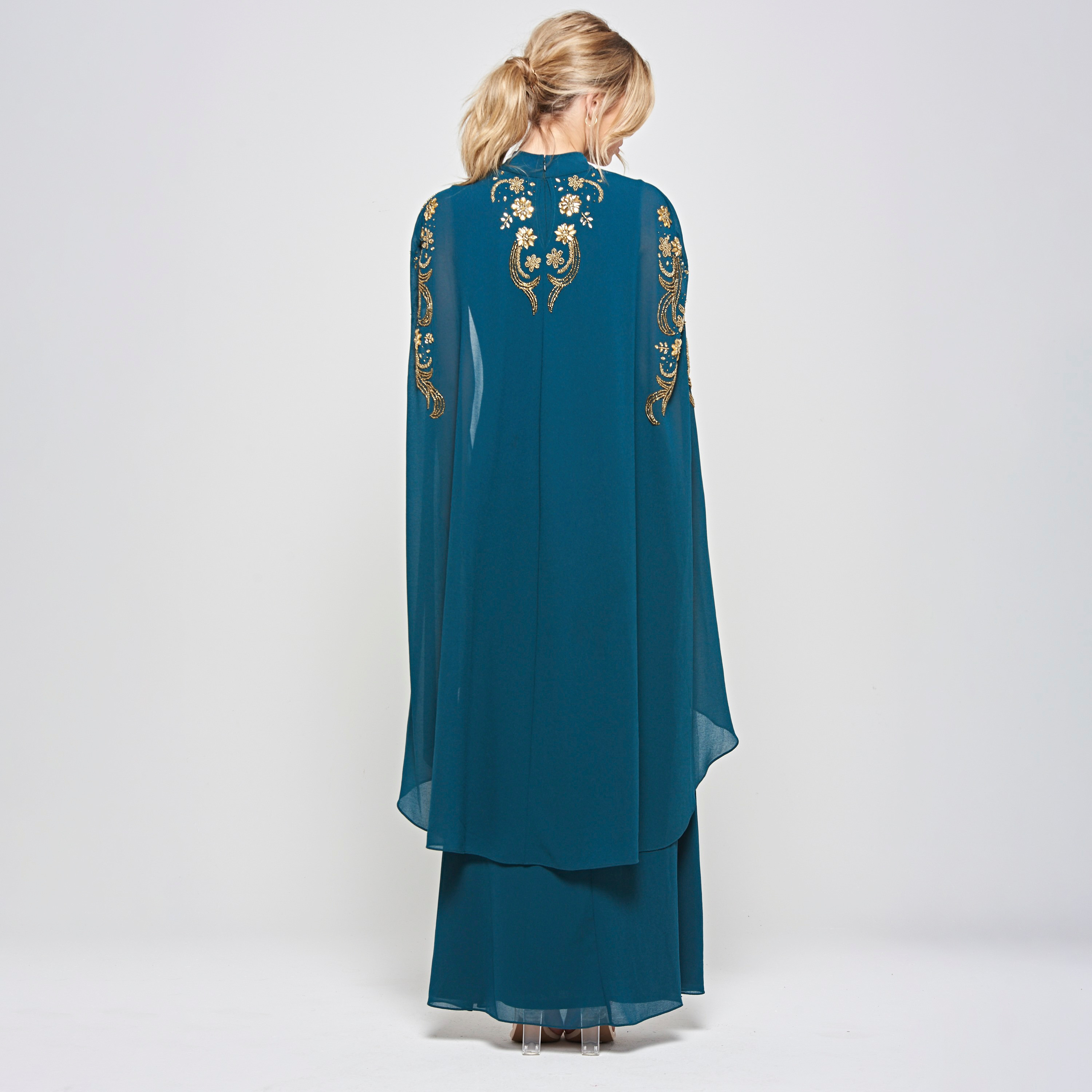 فستان سهرة ماكسي حريمي أزرق بخرز وياقة عالية مع طبقة كاب علوية من فروك آند فريل-women-clothing-dresses-image-3