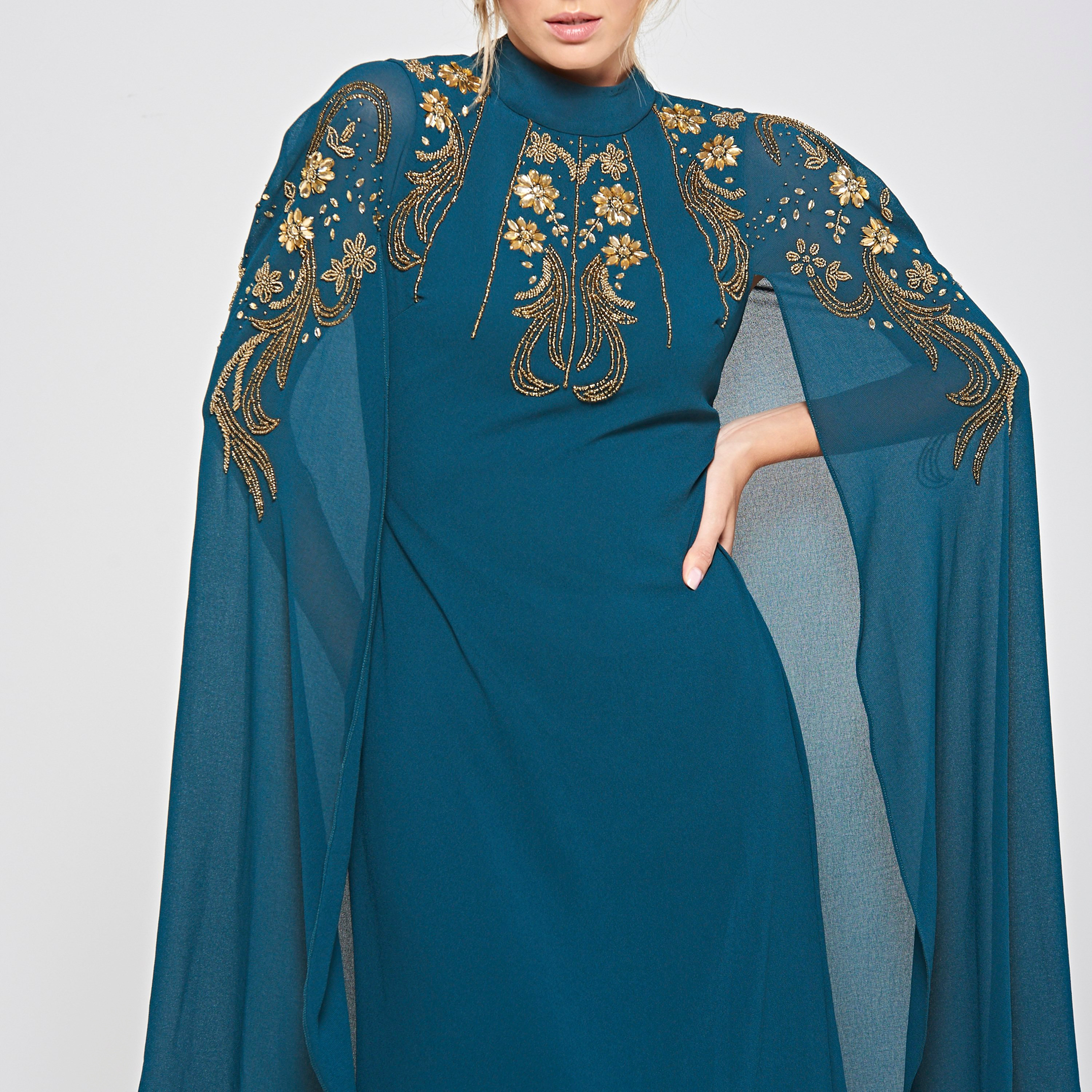 Frock and Frill Blue Beaded Mock Neck Women's Evening Maxi Dress with Cape Overlay-women-clothing-dresses-image-4