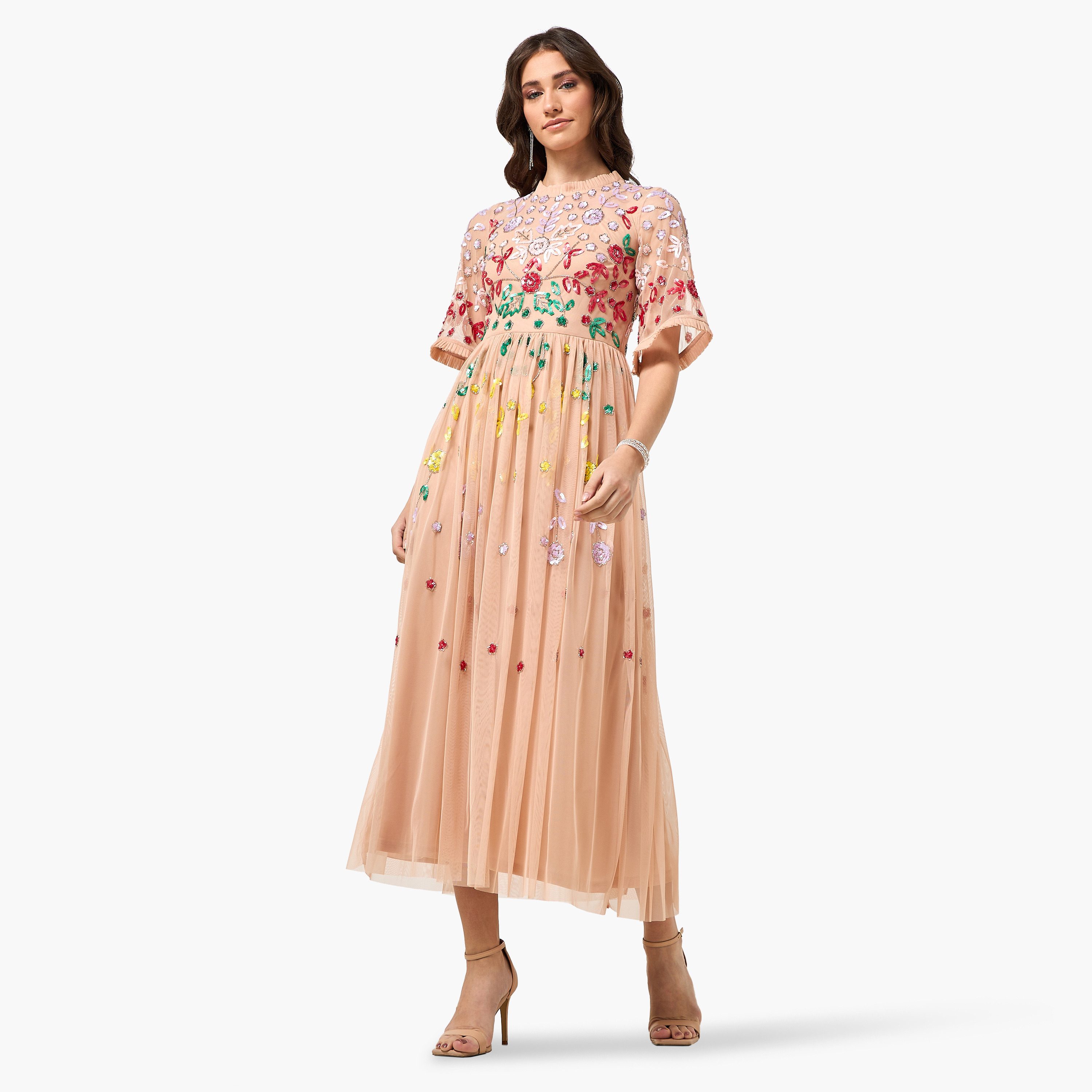Frock and Frill Peach Floral Sequined Fit & Flared Women's Evening Maxi Dress-women-clothing-dresses-image-1