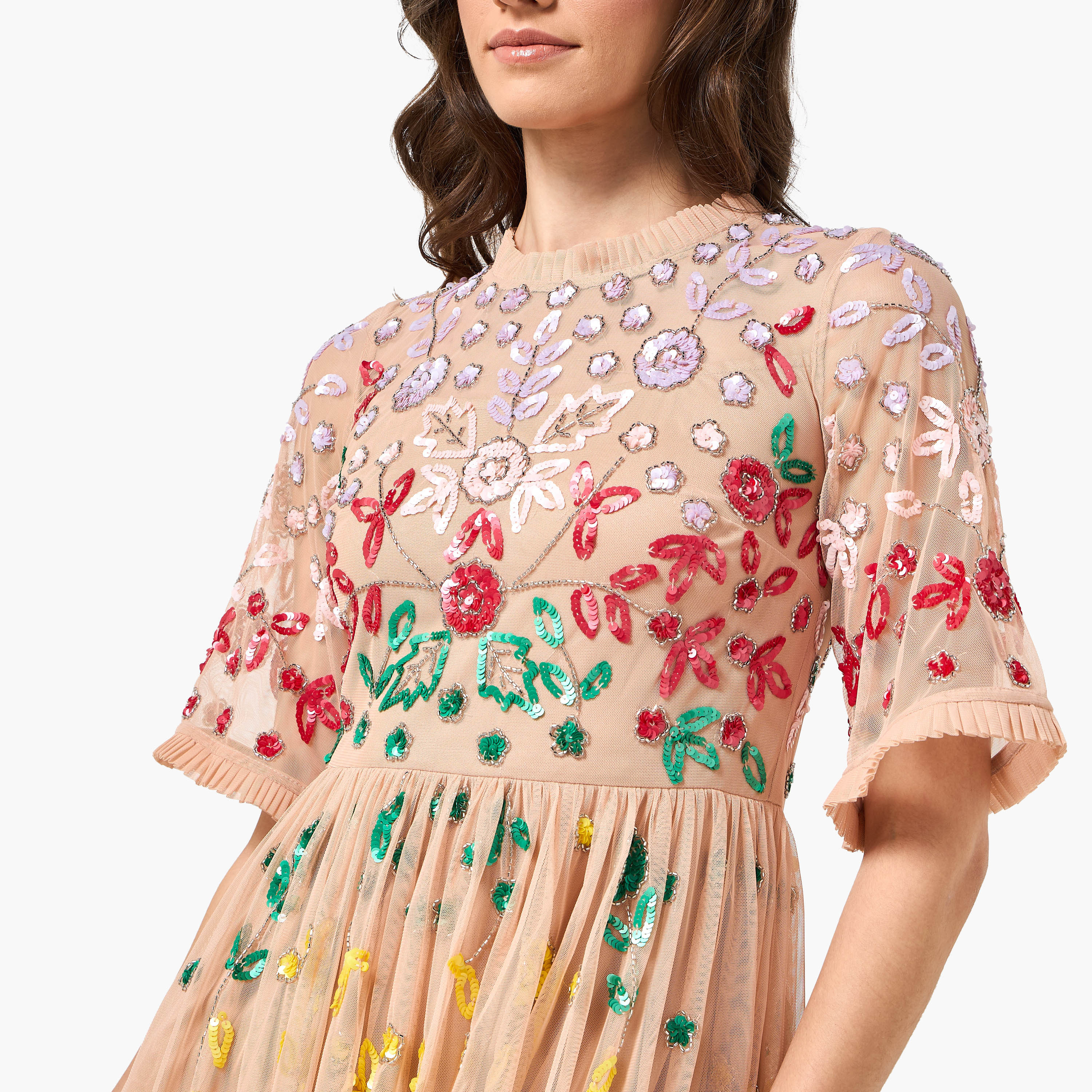 Frock and Frill Peach Floral Sequined Fit & Flared Women's Evening Maxi Dress-women-clothing-dresses-image-2