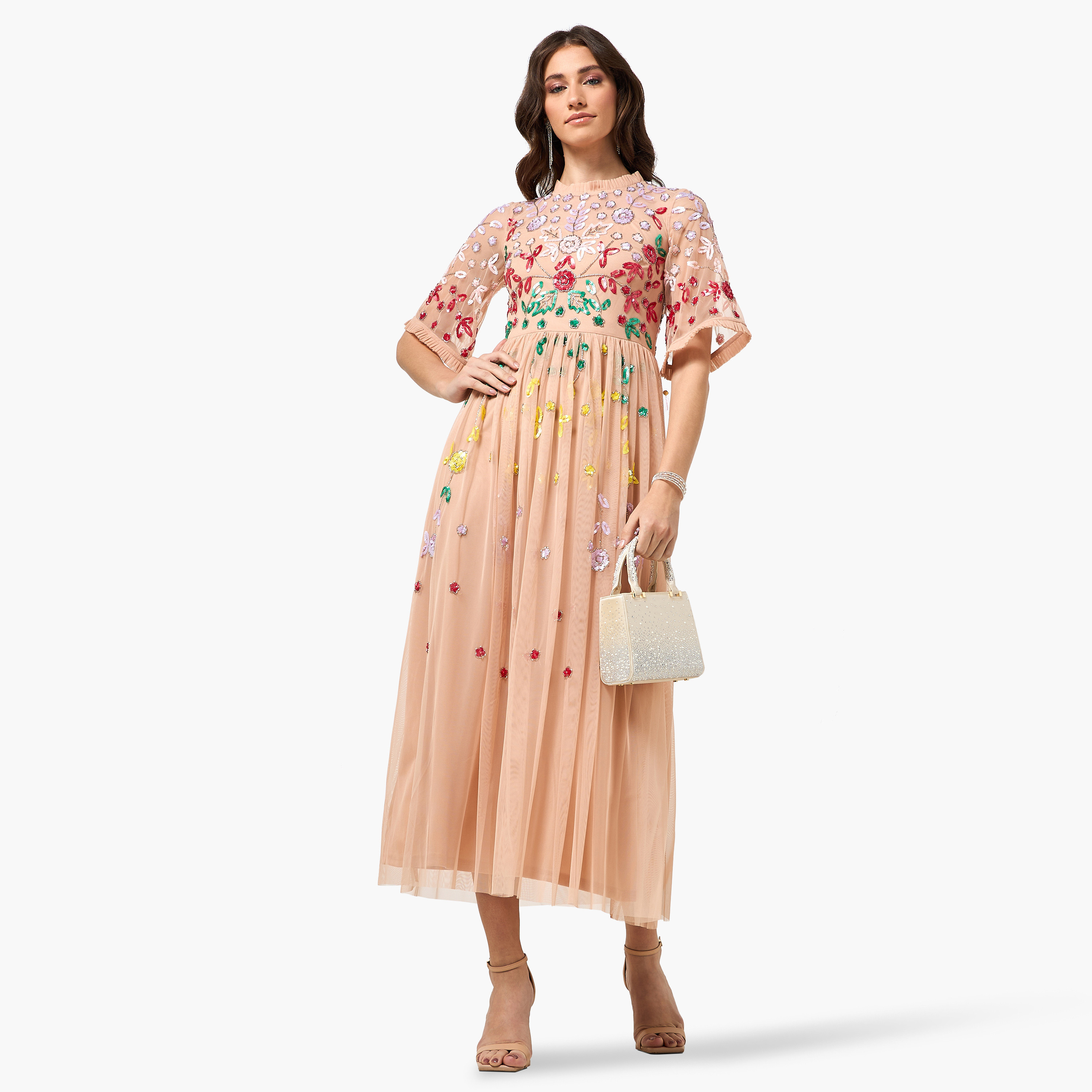 Frock and Frill Peach Floral Sequined Fit & Flared Women's Evening Maxi Dress-women-clothing-dresses-image-3