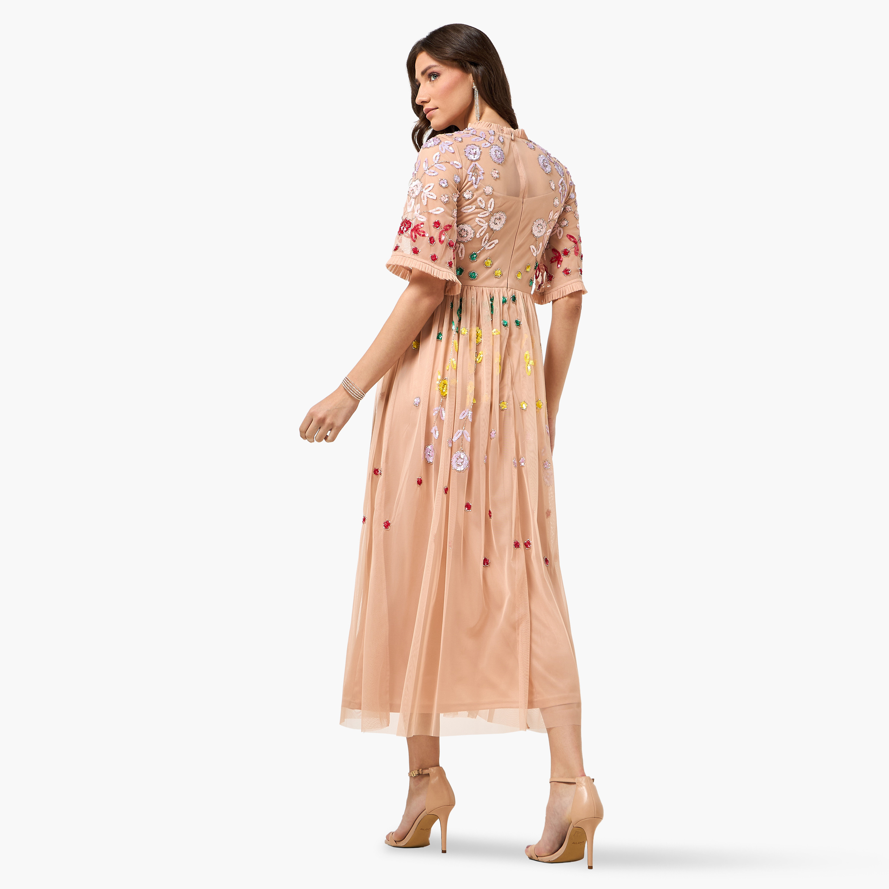 Frock and Frill Peach Floral Sequined Fit & Flared Women's Evening Maxi Dress-women-clothing-dresses-image-4