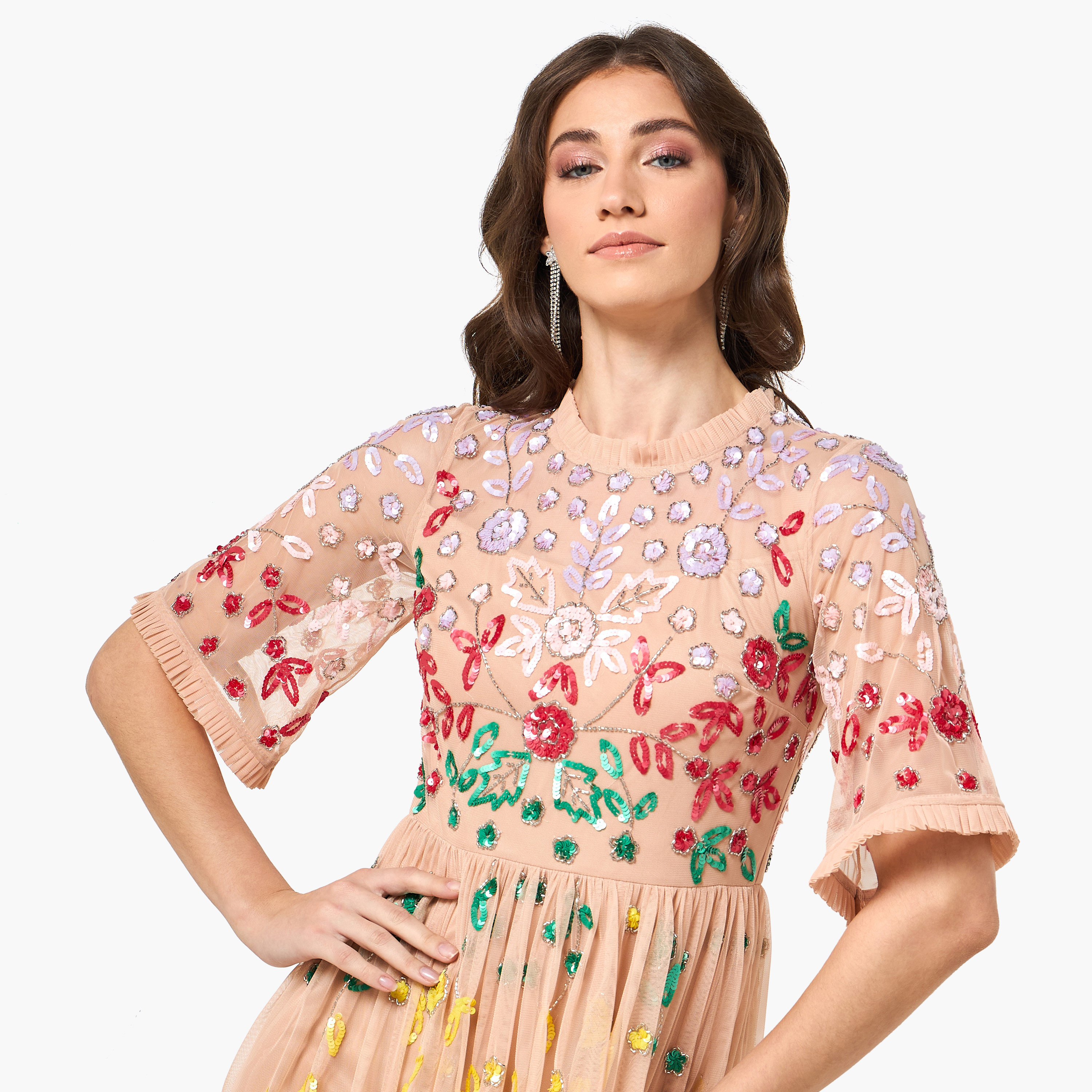 Frock and Frill Peach Floral Sequined Fit & Flared Women's Evening Maxi Dress-women-clothing-dresses-image-5