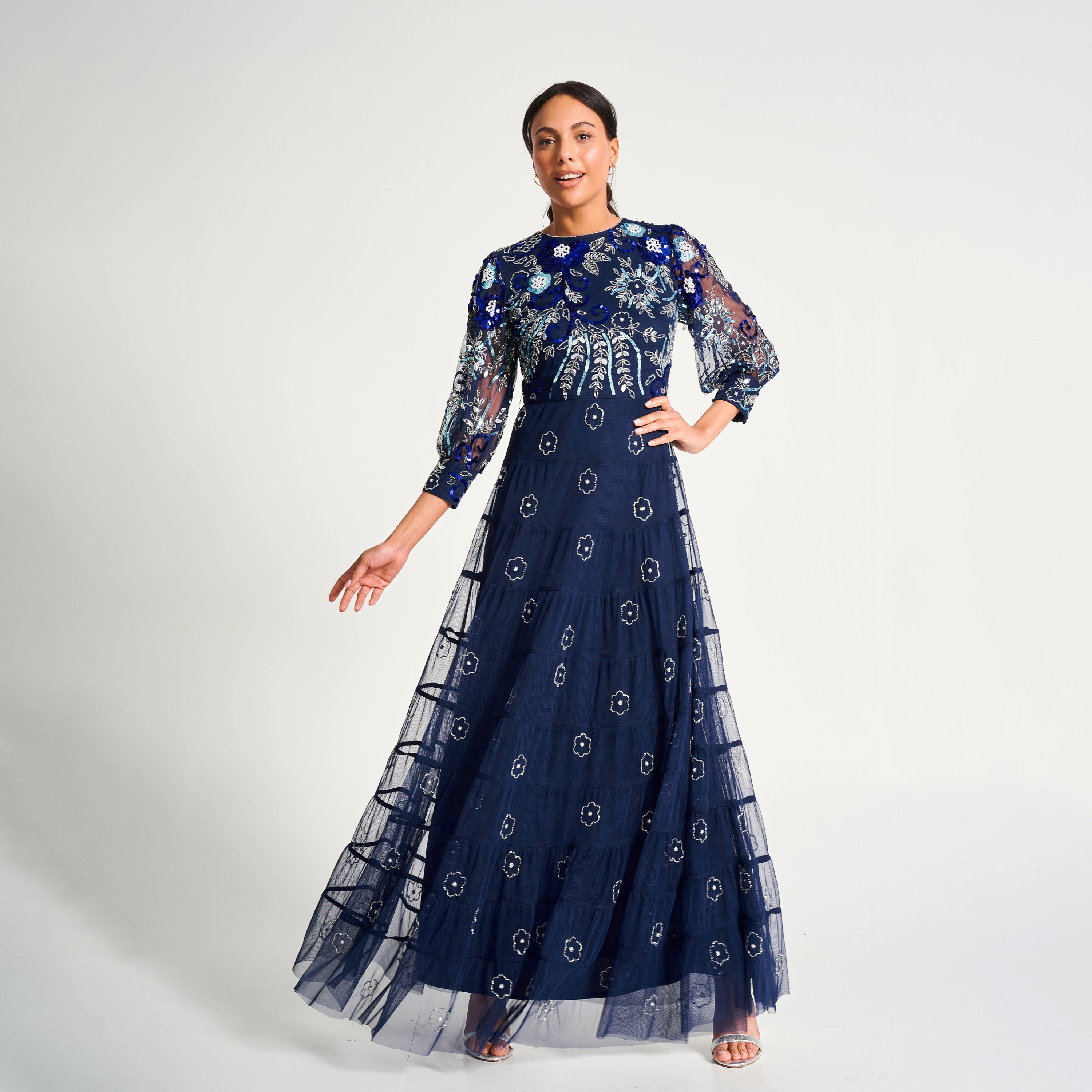 Frock and Frill Navy Blue Beaded and Sequinned with Mesh Detail Evening Women's Maxi Dress-women-clothing-dresses-image-1