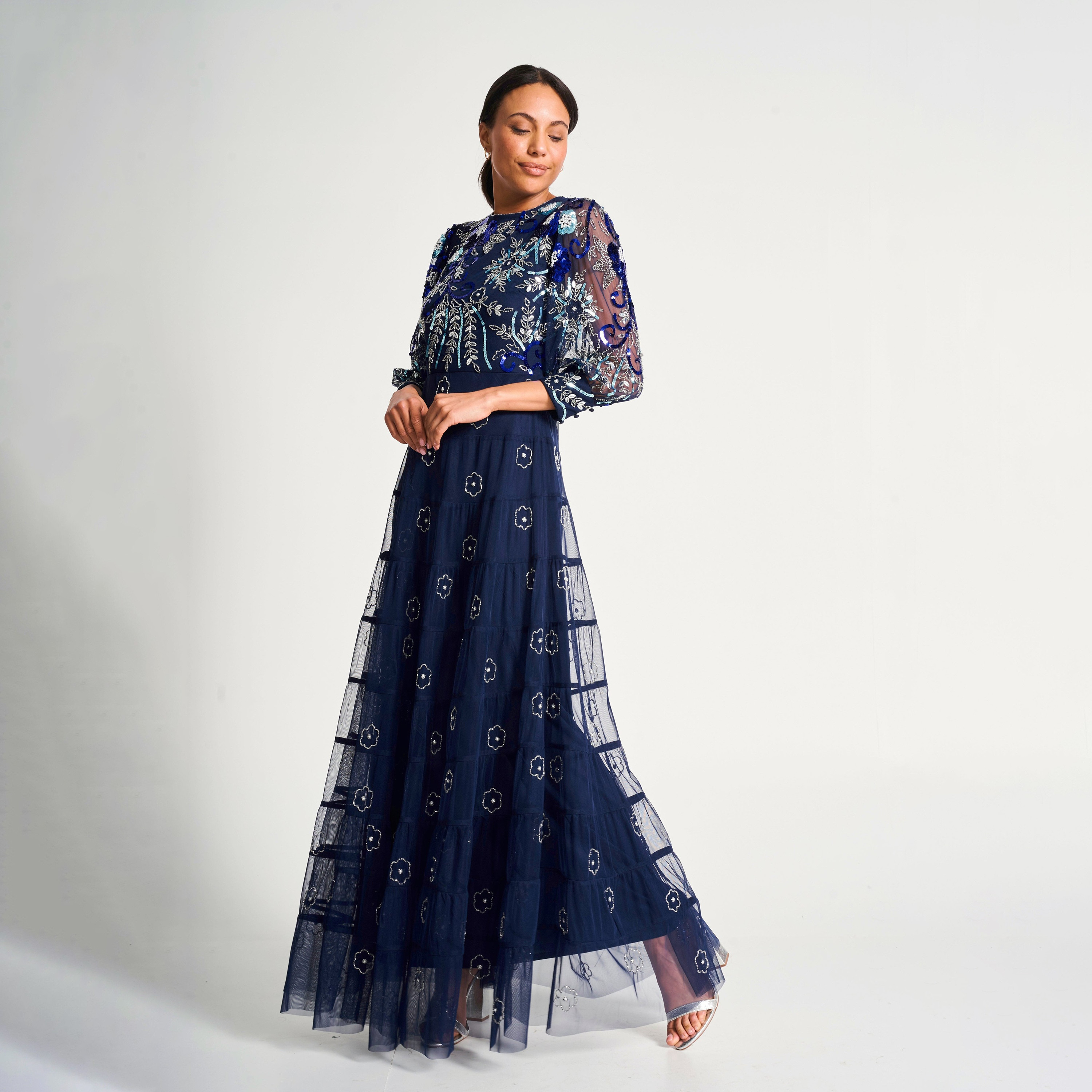 Frock and Frill Navy Blue Beaded and Sequinned with Mesh Detail Evening Women's Maxi Dress-women-clothing-dresses-image-2
