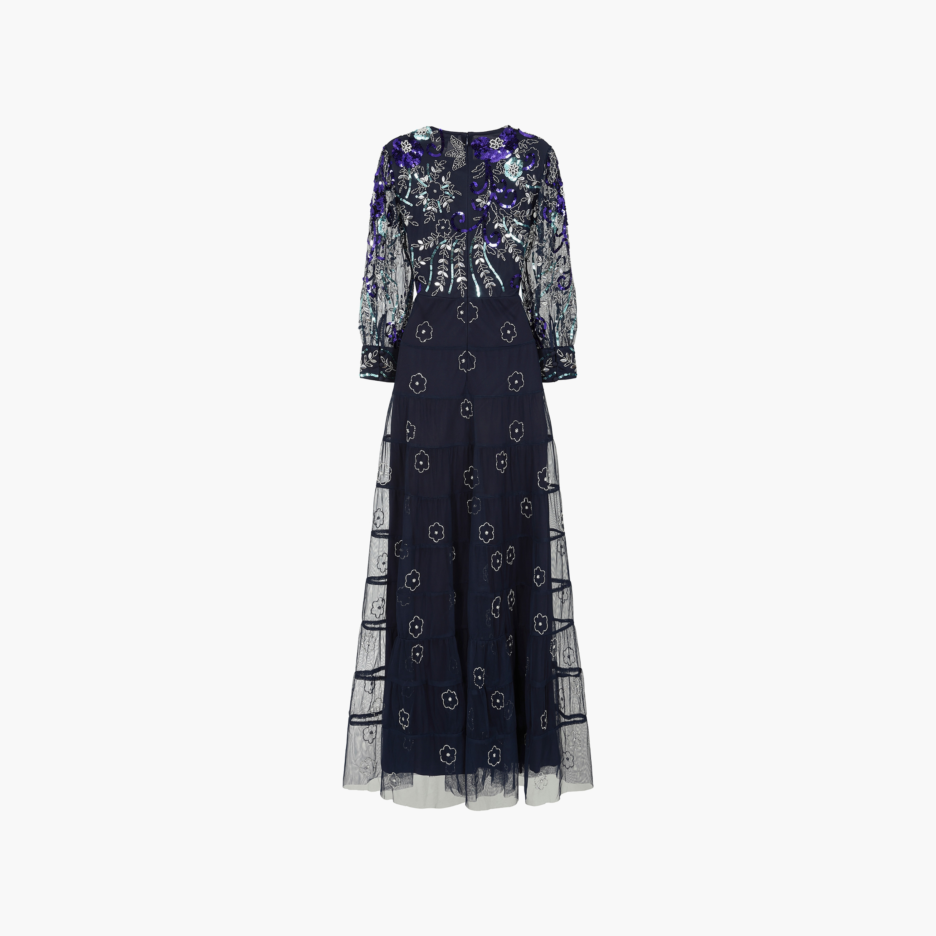 Frock and Frill Navy Blue Beaded and Sequinned with Mesh Detail Evening Women's Maxi Dress-women-clothing-dresses-image-7