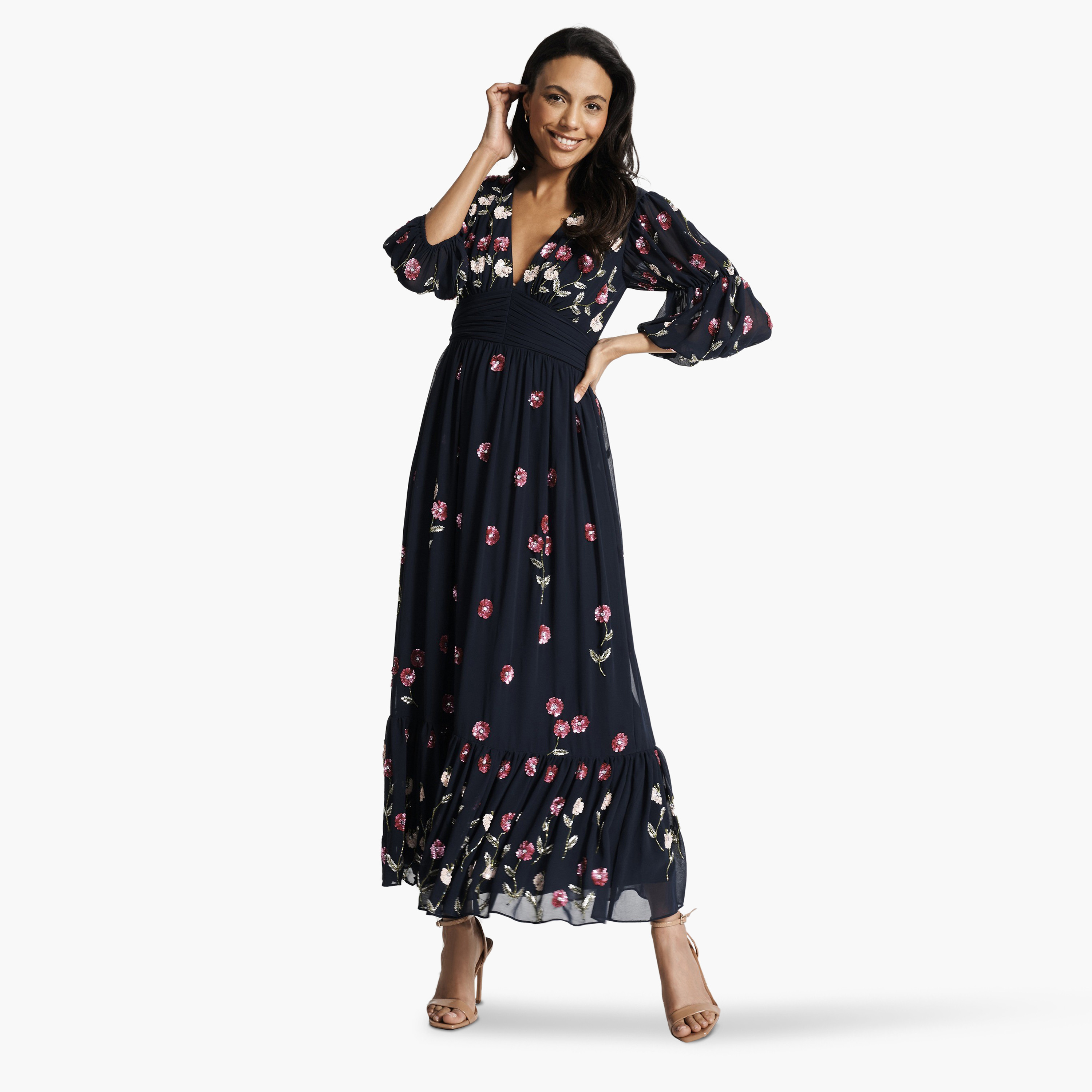 فستان ماكسي من Frock and Frill باللون الأزرق الداكن مزين بالترتر مزين بالترتر للنساء-women-clothing-dresses-image-1