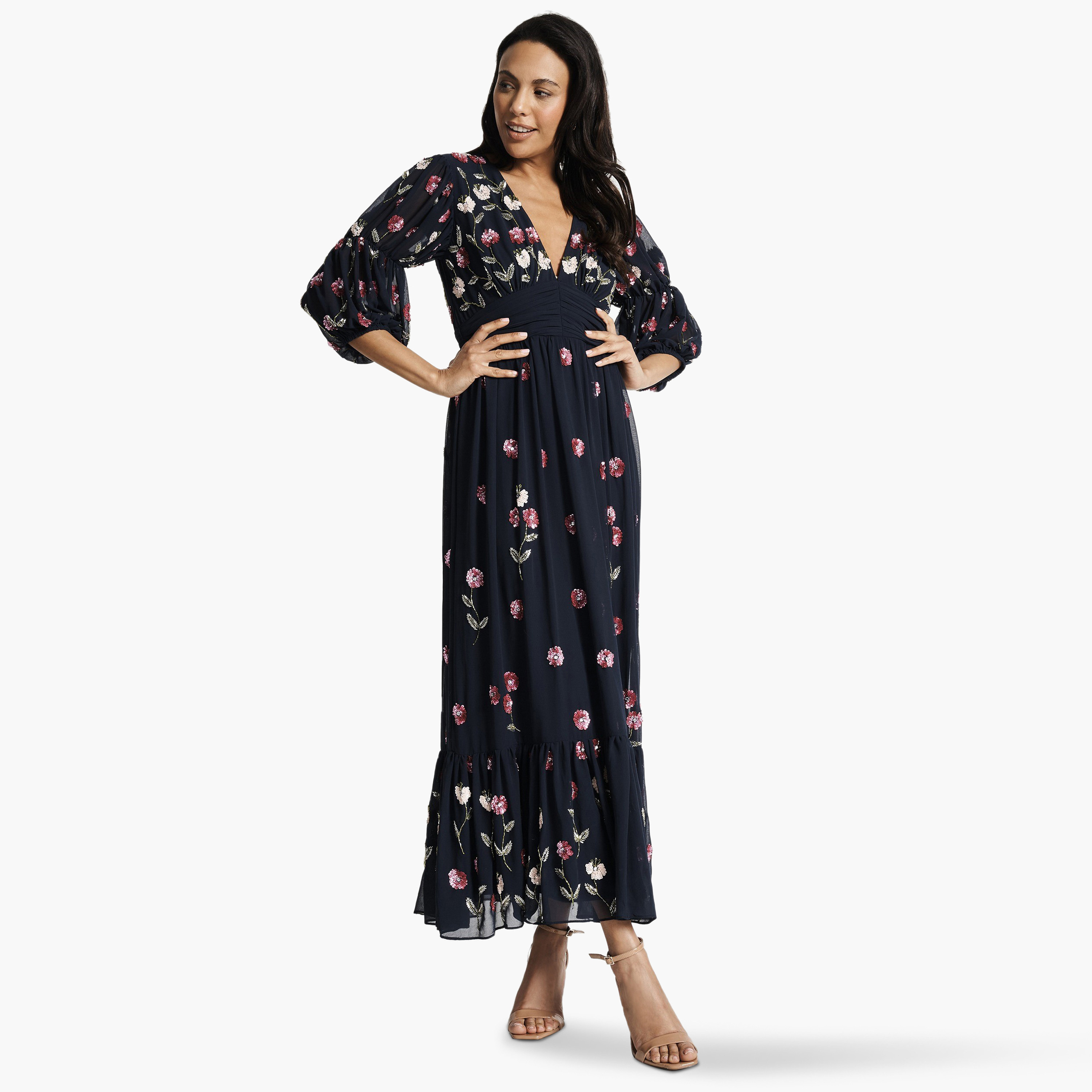 فستان ماكسي من Frock and Frill باللون الأزرق الداكن مزين بالترتر مزين بالترتر للنساء-women-clothing-dresses-image-2