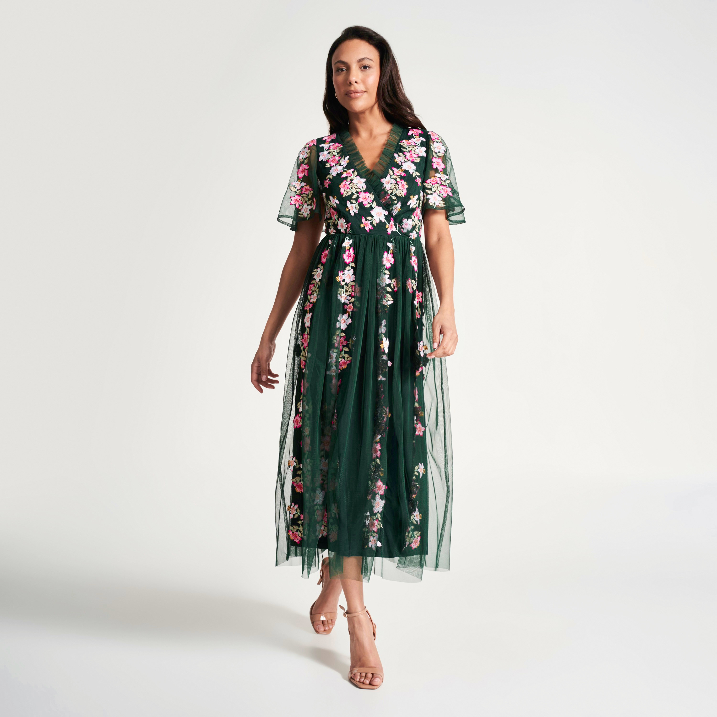 Frock and Frill Green Embroidered Mesh Ruffle Neck Flared Sleeves Evening Midi Women's Dress-women-clothing-dresses-image-1