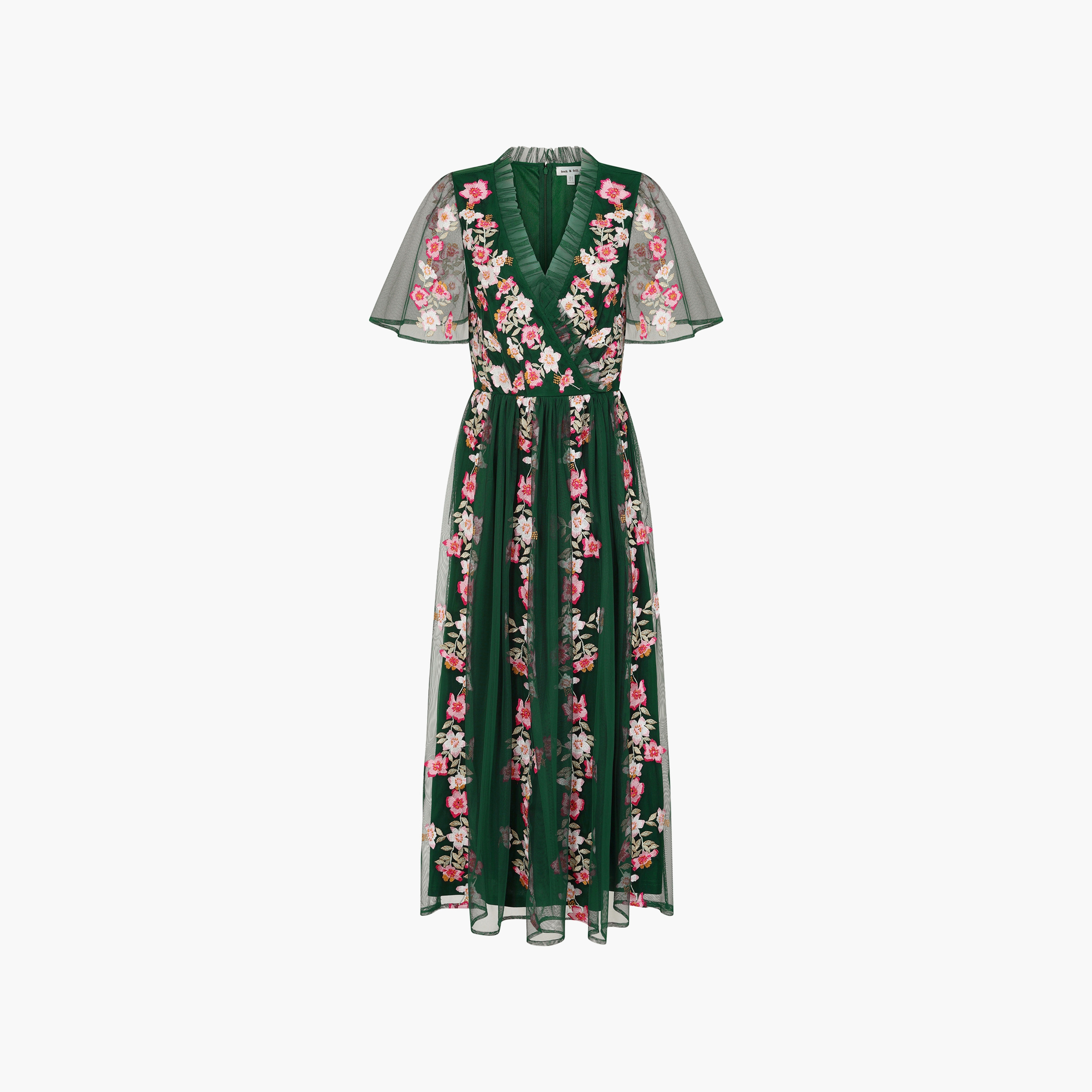 فستان نسائي طويل الأكمام بأكمام واسعة ورقبة مكشكشة مطرز باللون الأخضر من فروك اند فريل-women-clothing-dresses-image-5