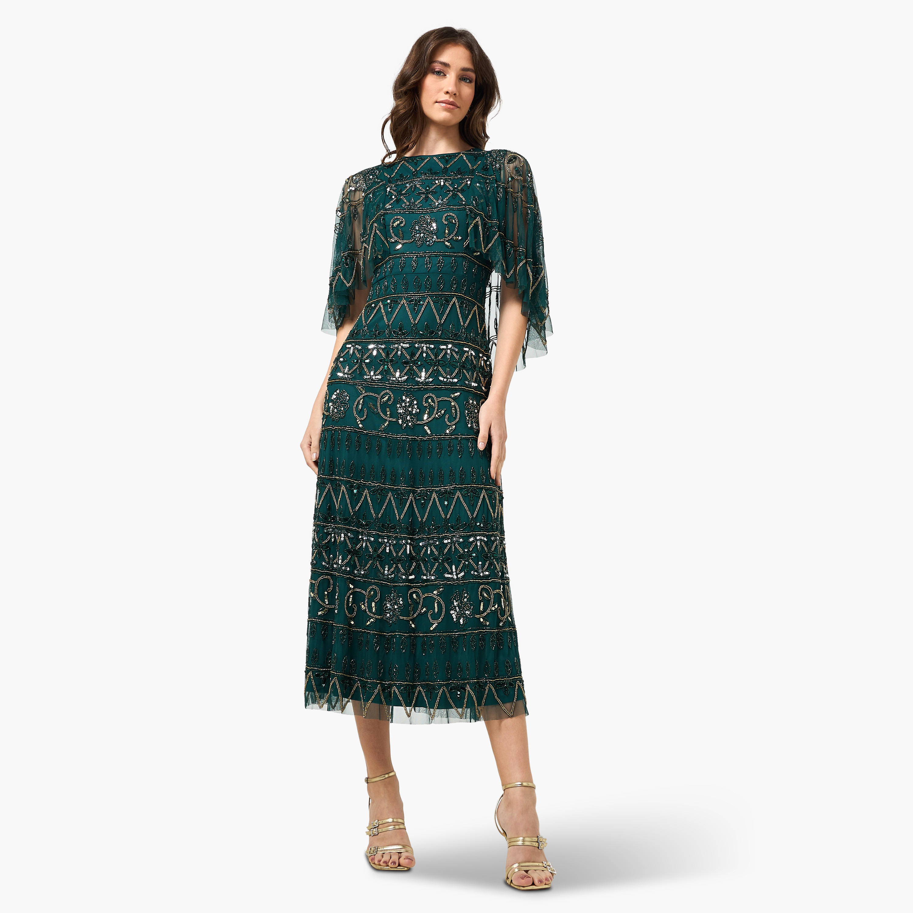Frock and Frill Green Beaded and Sequinned with Mesh Detail Women's Midi Party Dress-women-clothing-dresses-image-1