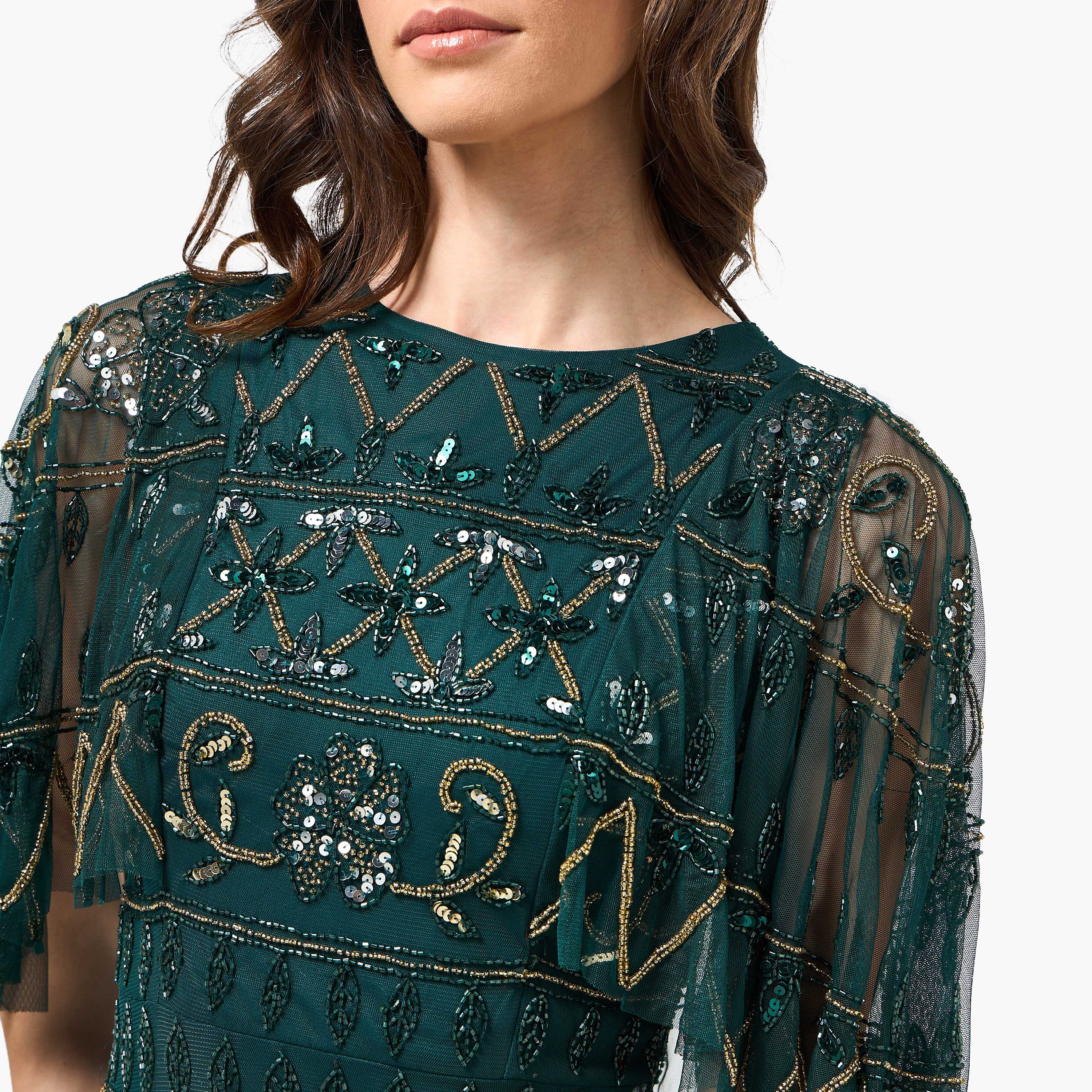 فستان حفلات ميدي نسائي مزين بالخرز والترتر باللون الأخضر مزين بتفاصيل شبكية-women-clothing-dresses-image-2
