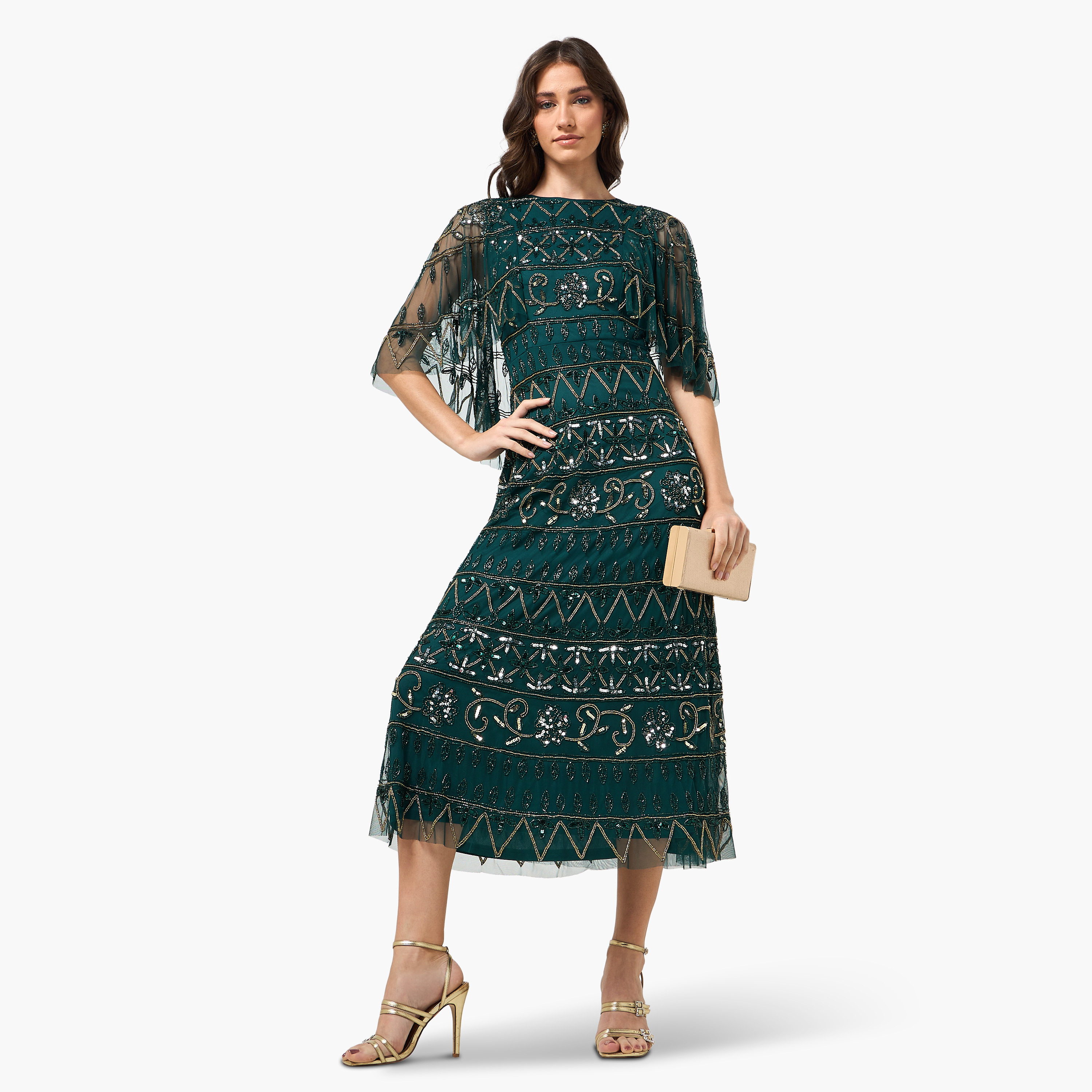 Frock and Frill Green Beaded and Sequinned with Mesh Detail Women's Midi Party Dress-women-clothing-dresses-image-3