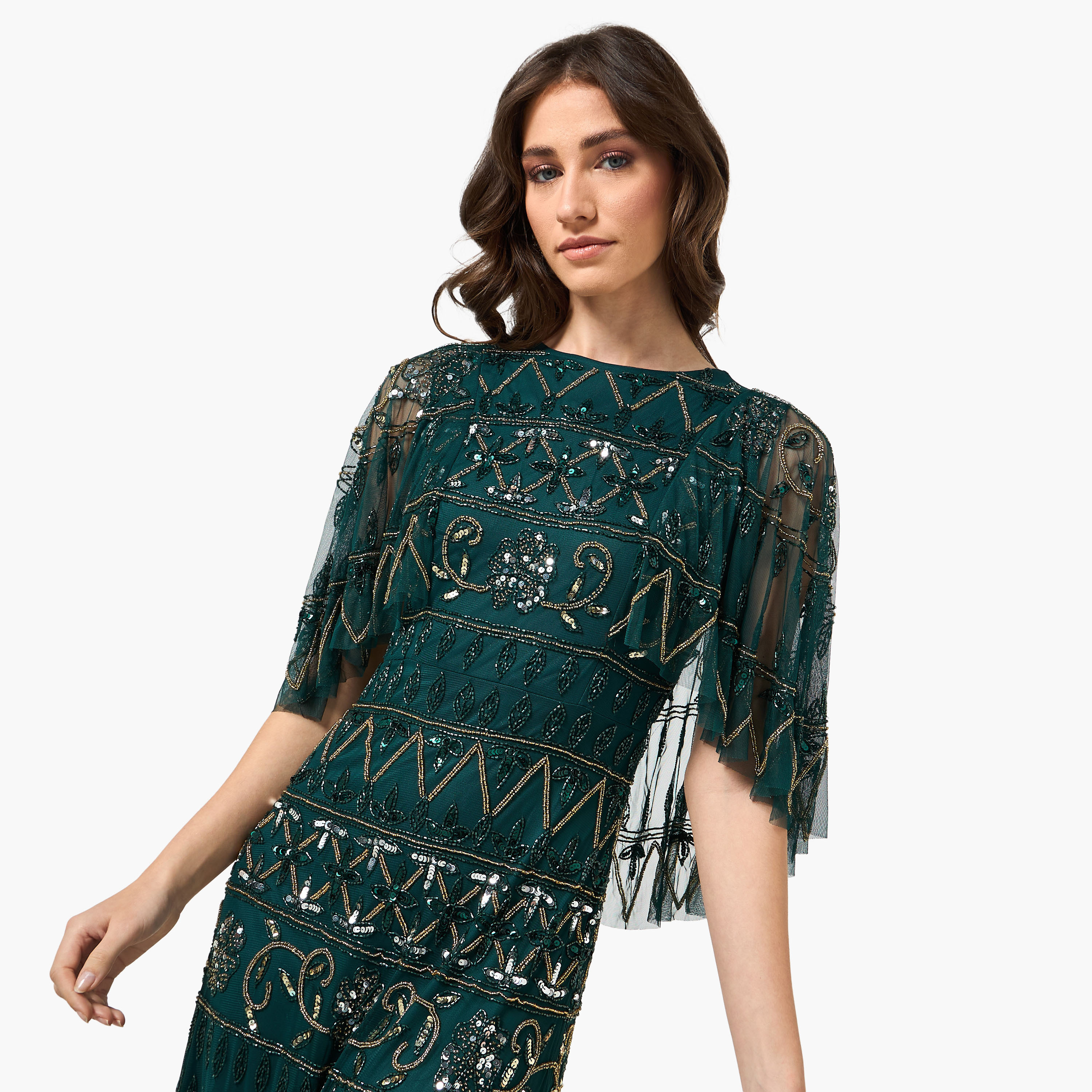 Frock and Frill Green Beaded and Sequinned with Mesh Detail Women's Midi Party Dress-women-clothing-dresses-image-5