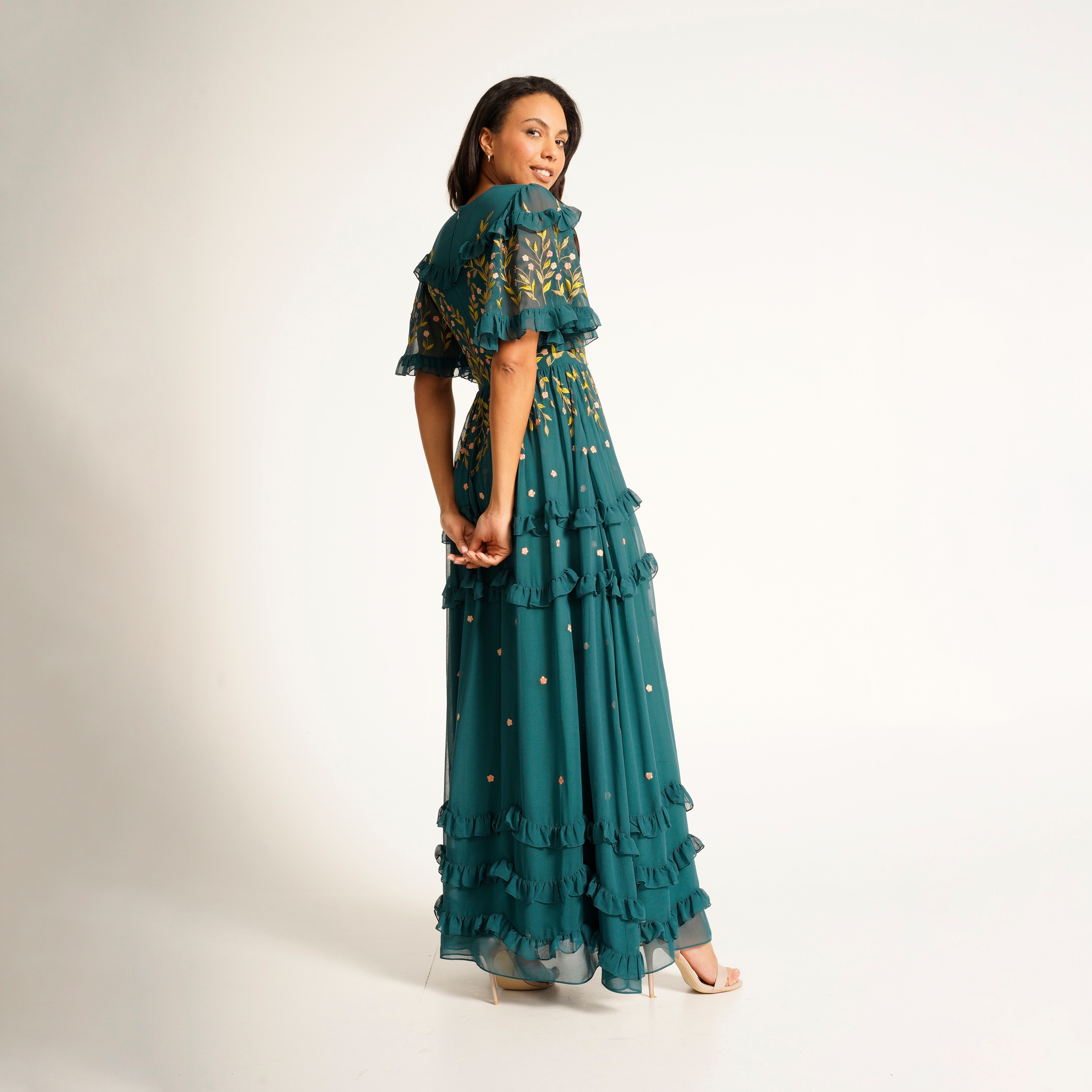 Frock and Frill Green Floral Embroidery with Frill Detail Party Women's Maxi Dress-women-clothing-dresses-image-2