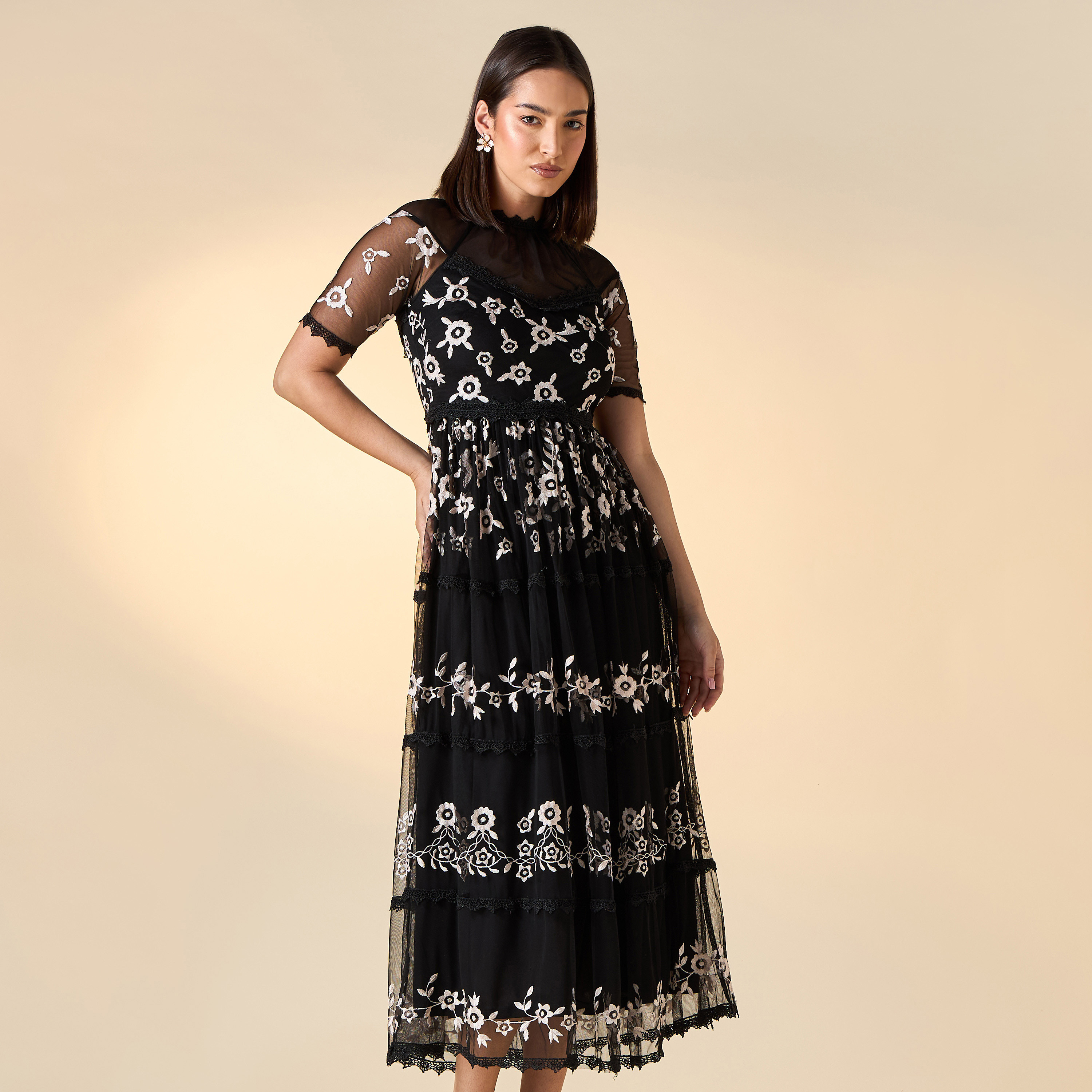 فستان بتطريز زهري وياقة عالية وأكمام قصيرة من فروك آند فريل-women-clothing-dresses-image-1