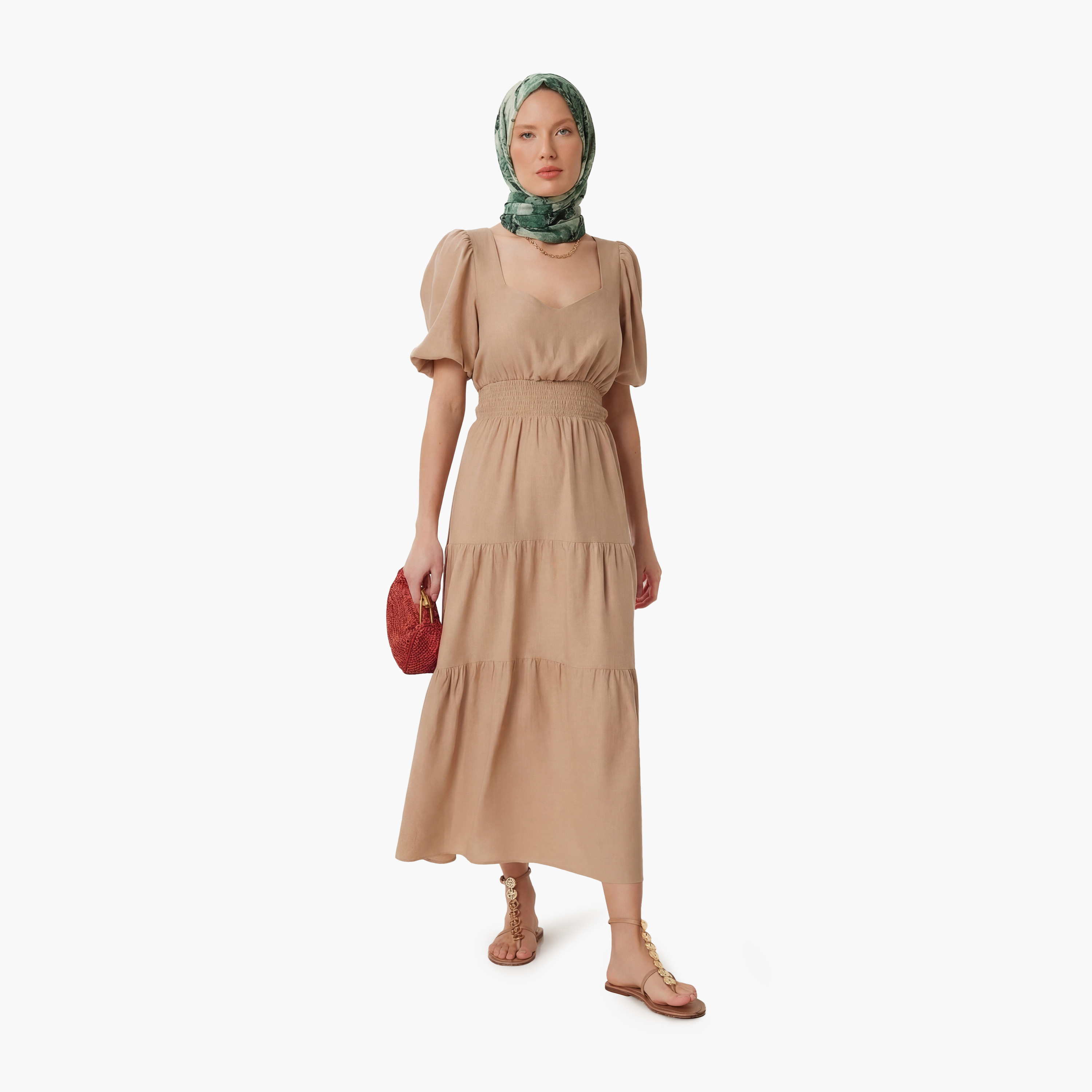 فستان نسائي ميدي مدرج بلون بيج إسطنبول بياقة منتفخة بأكمام مسطح وطبقات-women-clothing-dresses-image-1