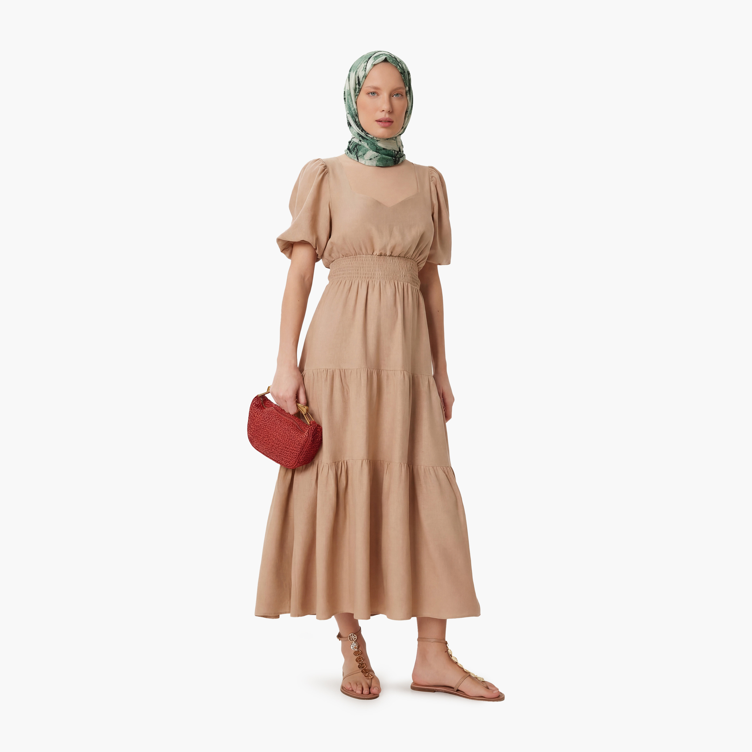 فستان نسائي ميدي مدرج بلون بيج إسطنبول بياقة منتفخة بأكمام مسطح وطبقات-women-clothing-dresses-image-2