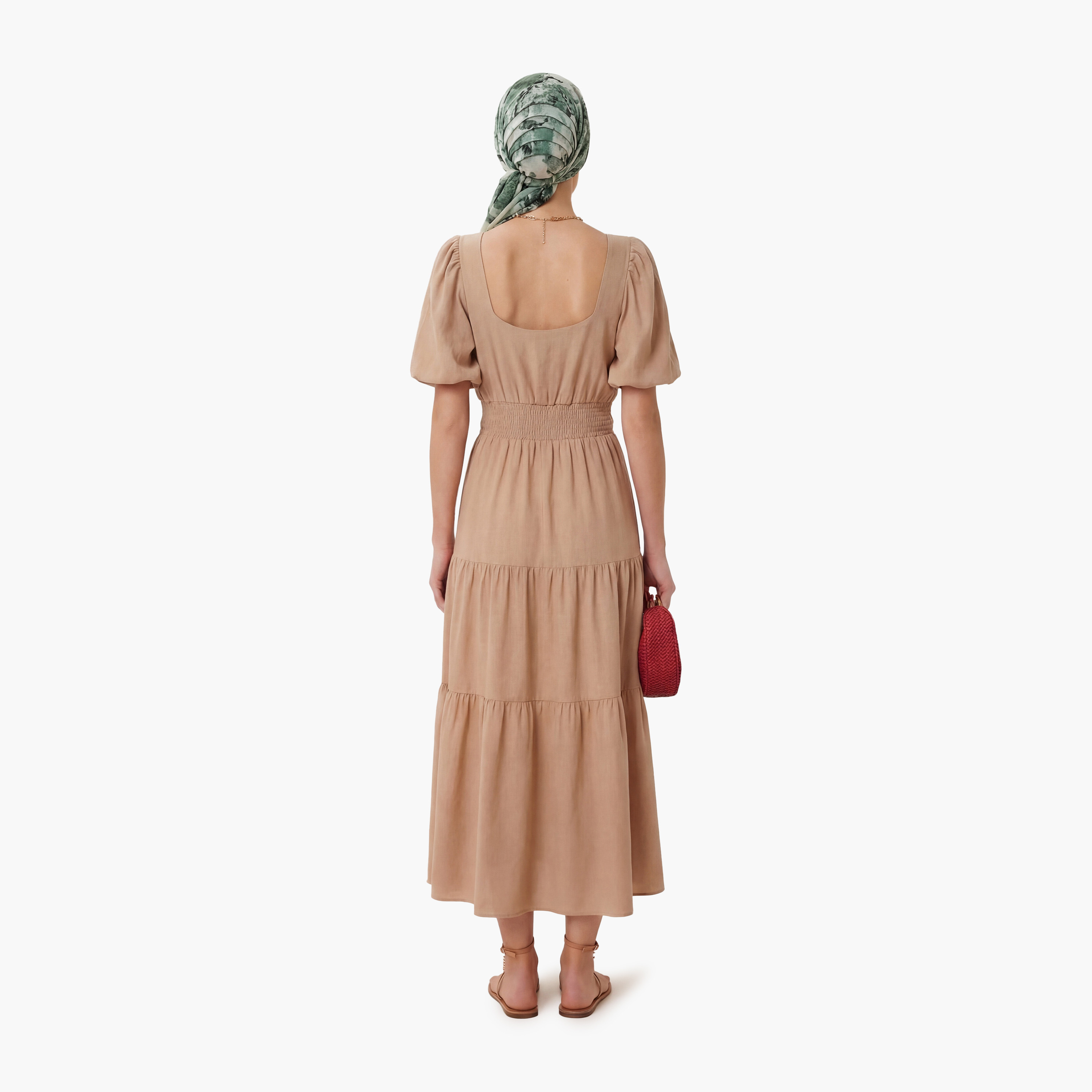 فستان نسائي ميدي مدرج بلون بيج إسطنبول بياقة منتفخة بأكمام مسطح وطبقات-women-clothing-dresses-image-3