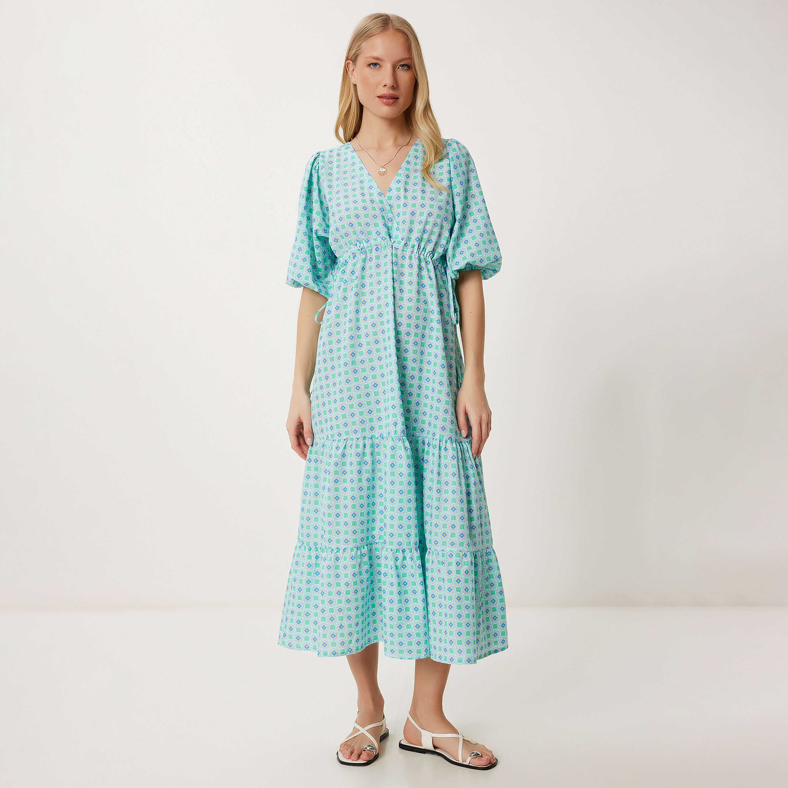 Happiness Istanbul Mint Green Geometric Print Surplice Neck Puff Sleeves Tiered Midi Women's Dress-women-clothing-dresses-image-1
