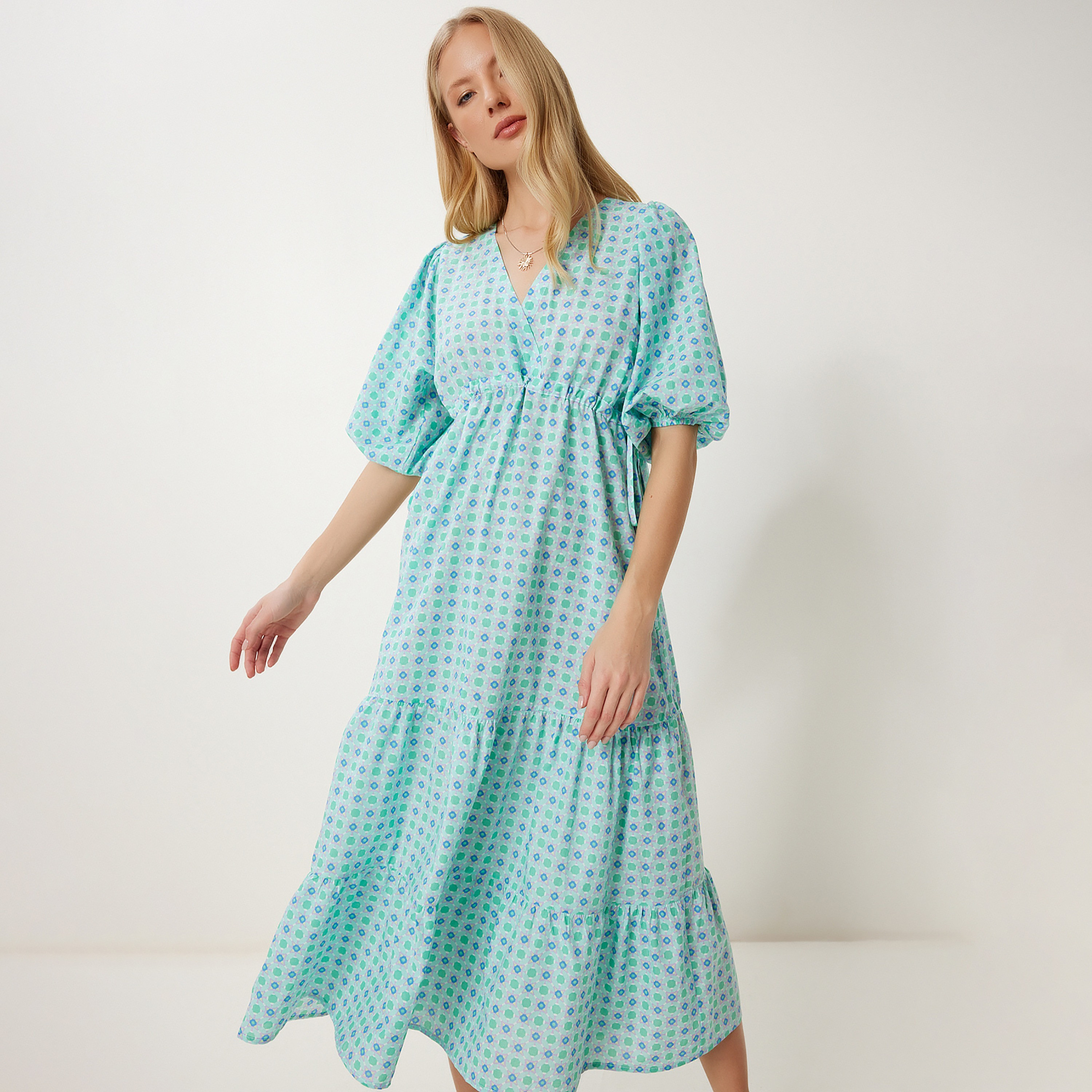 Happiness Istanbul Mint Green Geometric Print Surplice Neck Puff Sleeves Tiered Midi Women's Dress-women-clothing-dresses-image-2