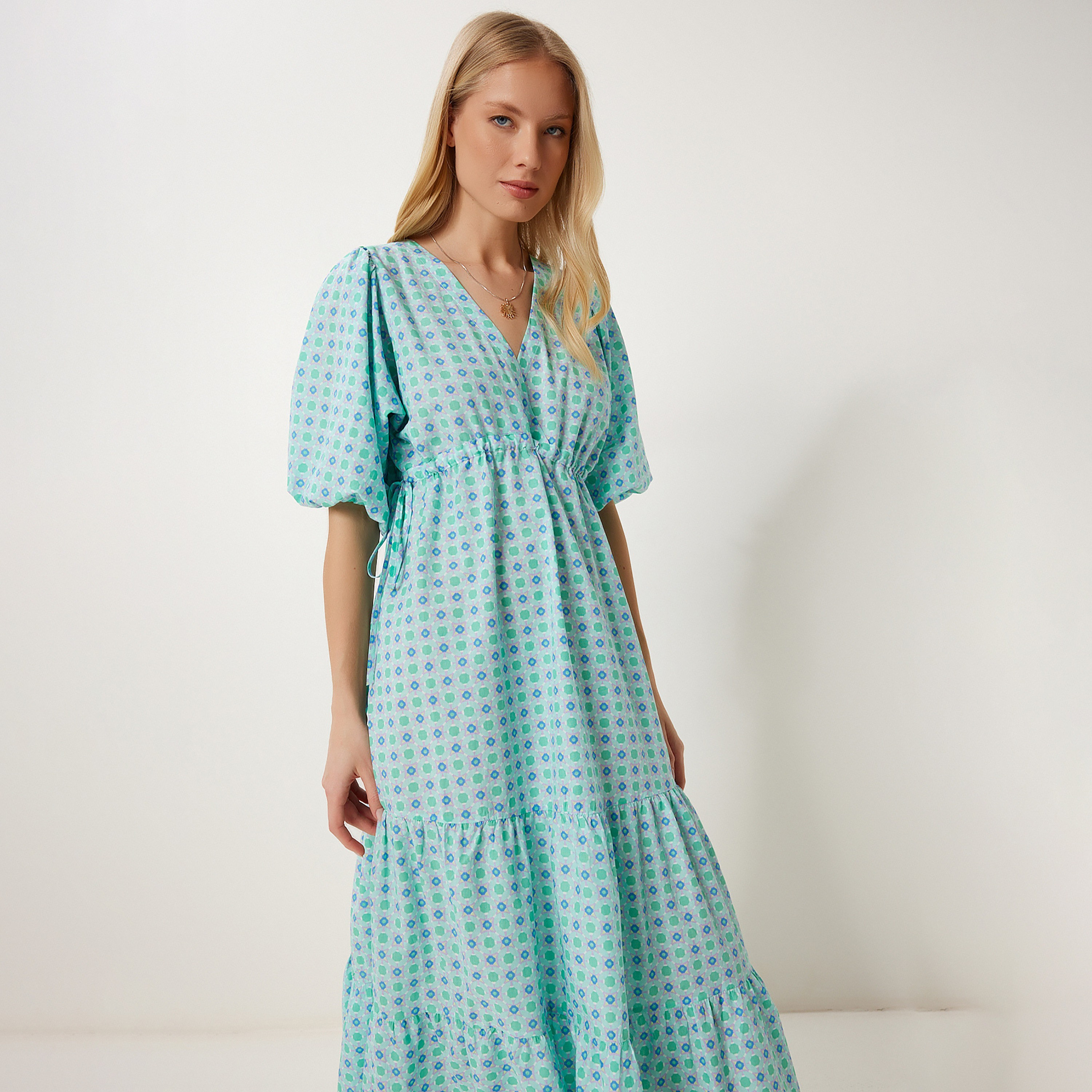 Happiness Istanbul Mint Green Geometric Print Surplice Neck Puff Sleeves Tiered Midi Women's Dress-women-clothing-dresses-image-3