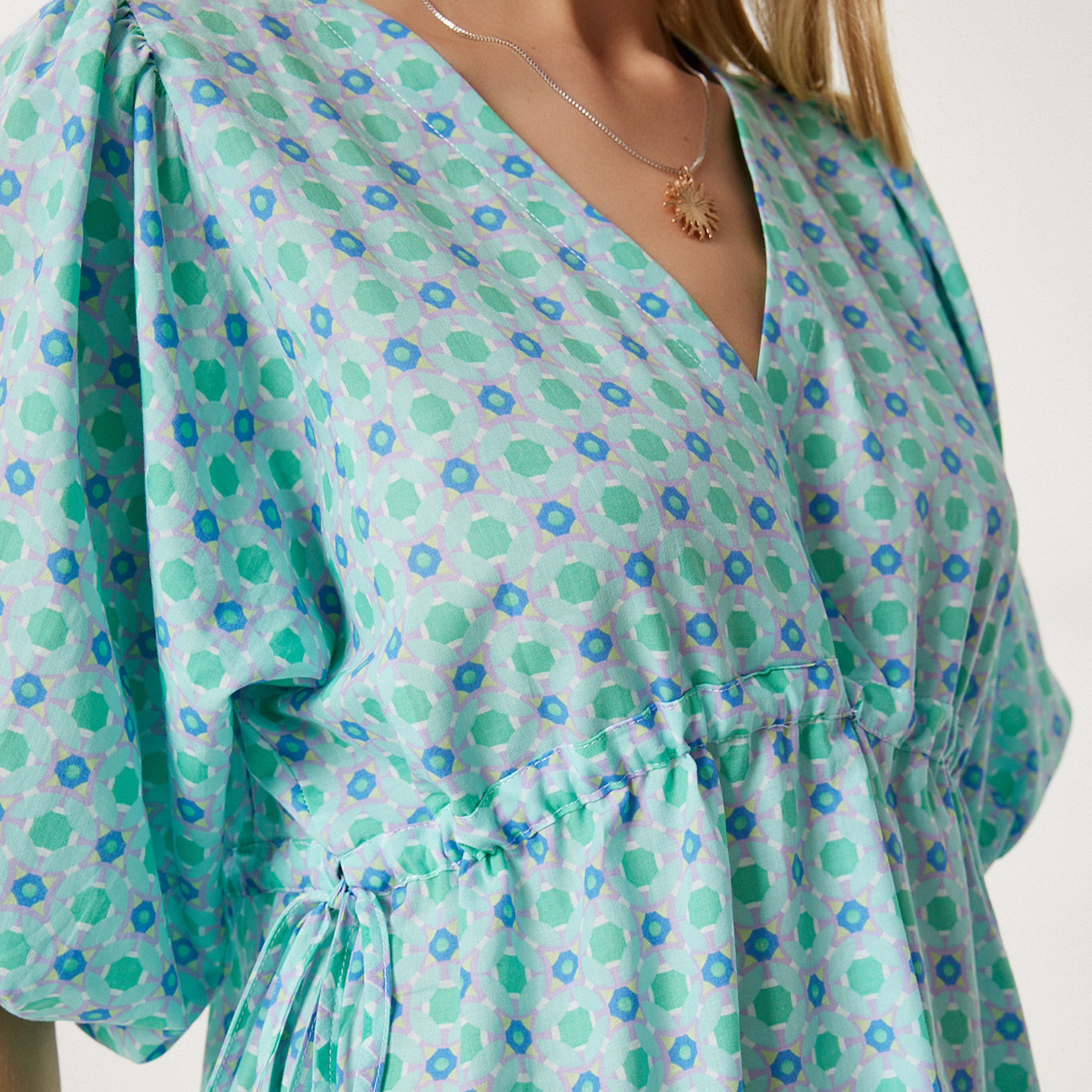 Happiness Istanbul Mint Green Geometric Print Surplice Neck Puff Sleeves Tiered Midi Women's Dress-women-clothing-dresses-image-4