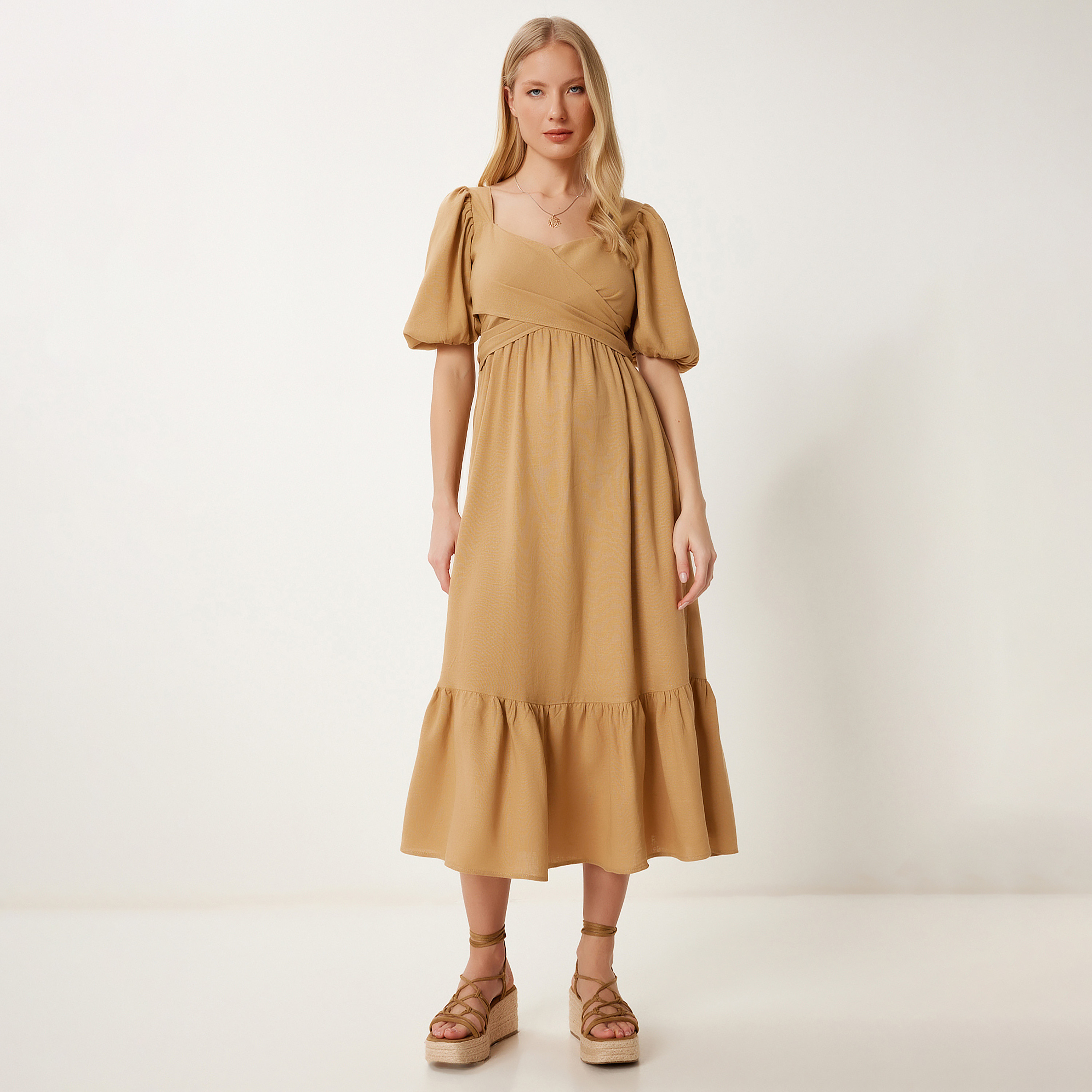 سعادة إسطنبول كاميل سويت هارت ياقة بأكمام منتفخة إمباير ميدي للنساء-women-clothing-dresses-image-1