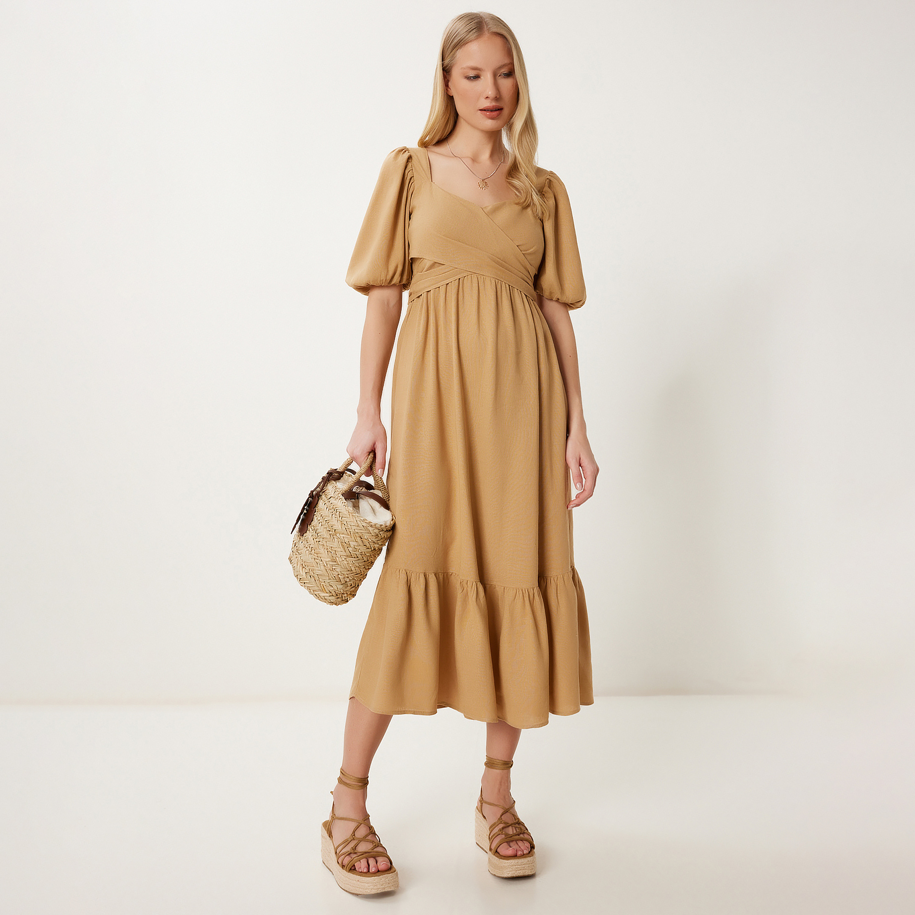 سعادة إسطنبول كاميل سويت هارت ياقة بأكمام منتفخة إمباير ميدي للنساء-women-clothing-dresses-image-2