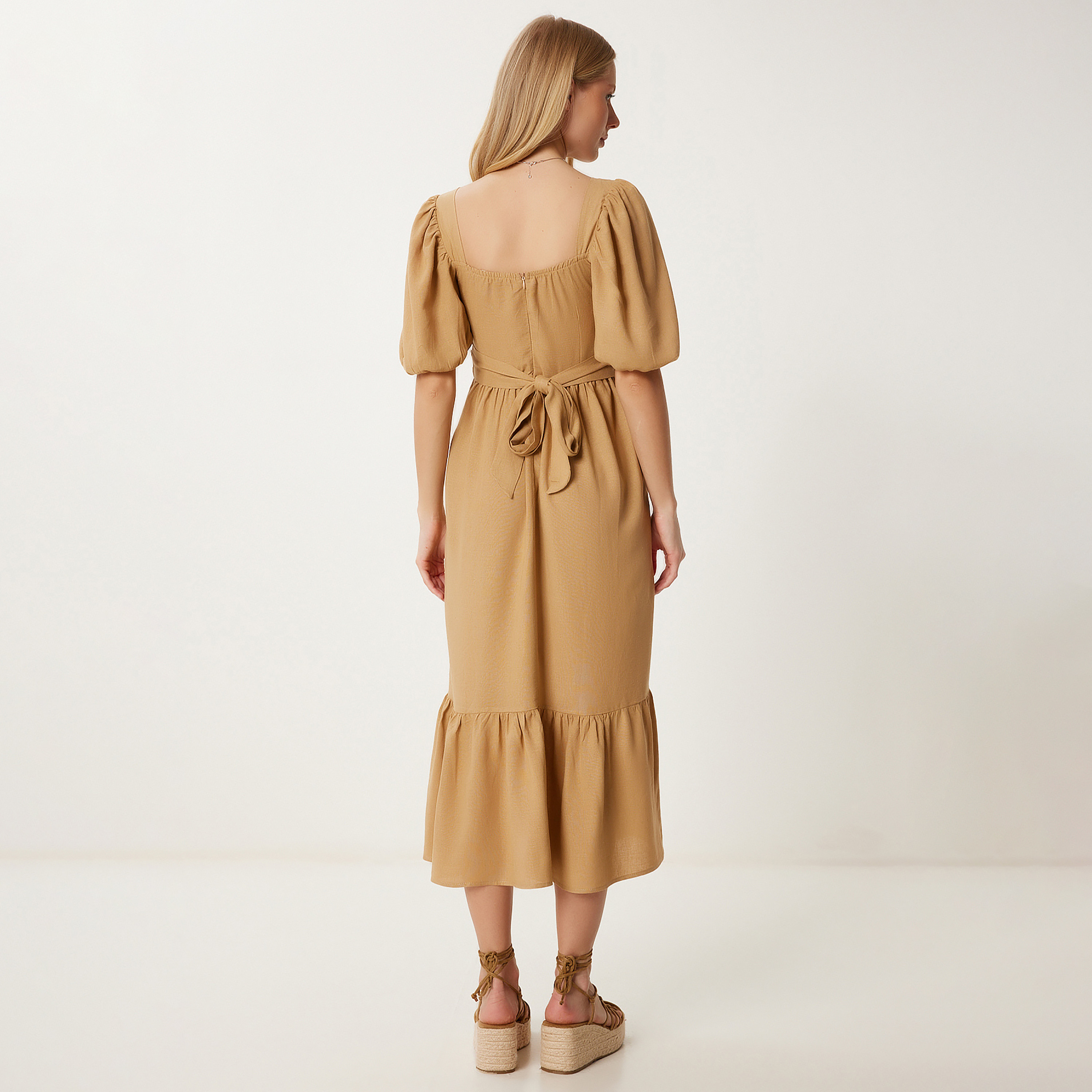 سعادة إسطنبول كاميل سويت هارت ياقة بأكمام منتفخة إمباير ميدي للنساء-women-clothing-dresses-image-3