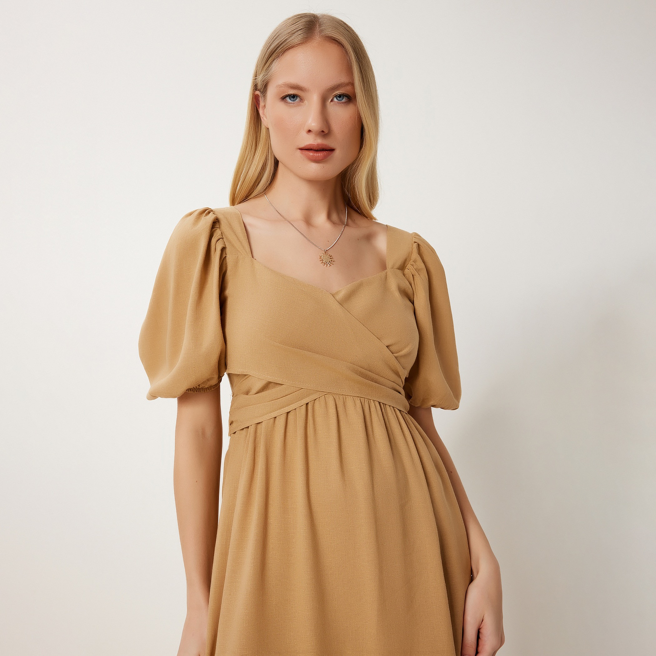 سعادة إسطنبول كاميل سويت هارت ياقة بأكمام منتفخة إمباير ميدي للنساء-women-clothing-dresses-image-4