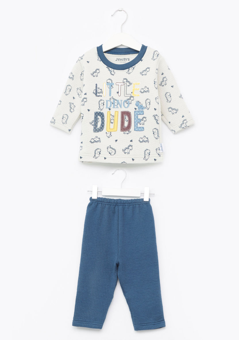 Juniors Printed Long Sleeves T-shirt and Textured Pyjama Set-Pyjama Sets-image-0